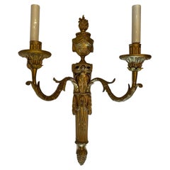 Wonderful French Pair Louis XVI Gilt Bronze Urn Garland Swag Flame Top Sconces
