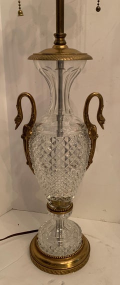 Wonderful French Neoclassical Swan Bronze Ormolu-Mounted Cut Crystal Lamps, Pair