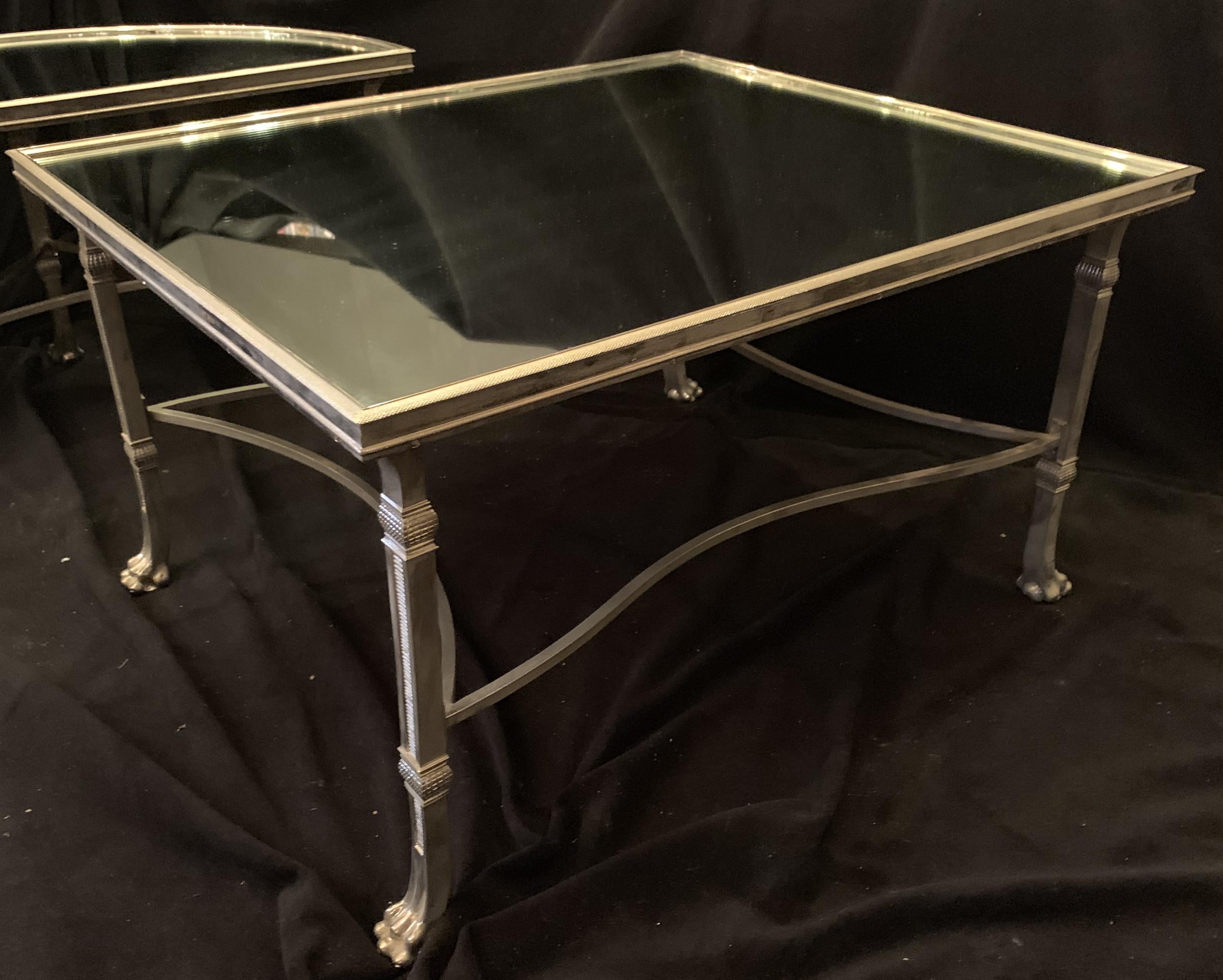 Silver Plate Wonderful French Polished Nickel Bronze Mirror Three Part Cocktail Coffee Table