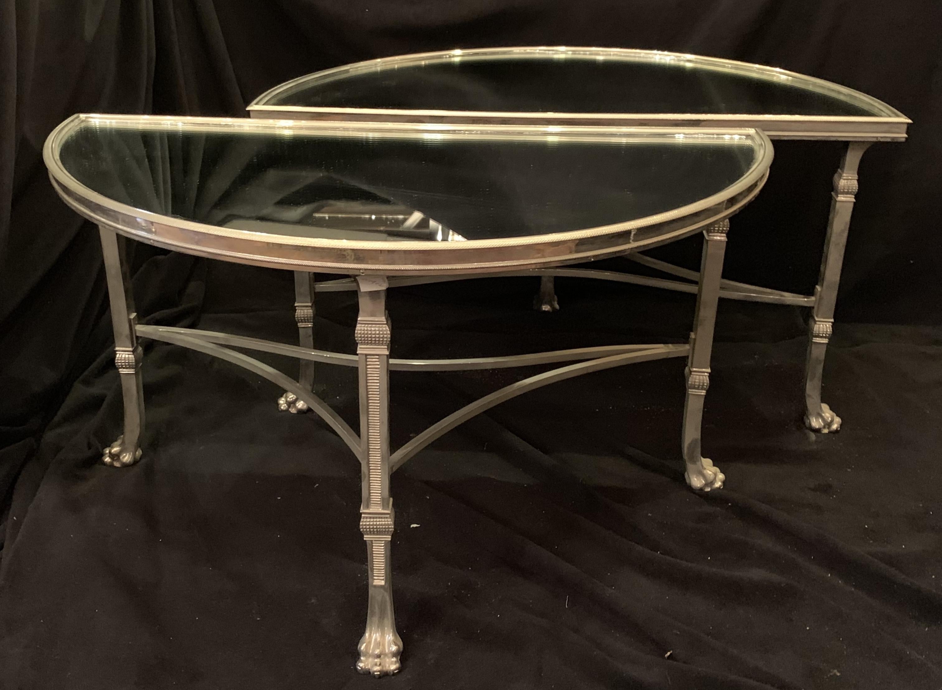 Wonderful French Polished Nickel Bronze Mirror Three Part Cocktail Coffee Table 1