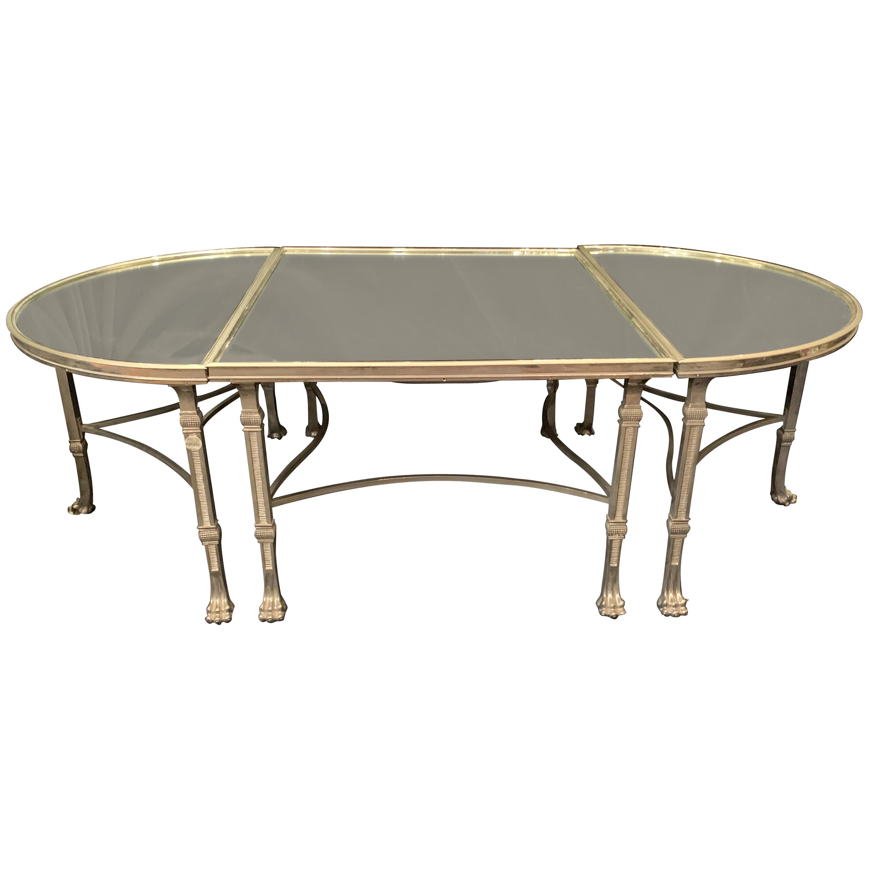 Wonderful French Polished Nickel Bronze Mirror Three Part Cocktail Coffee Table