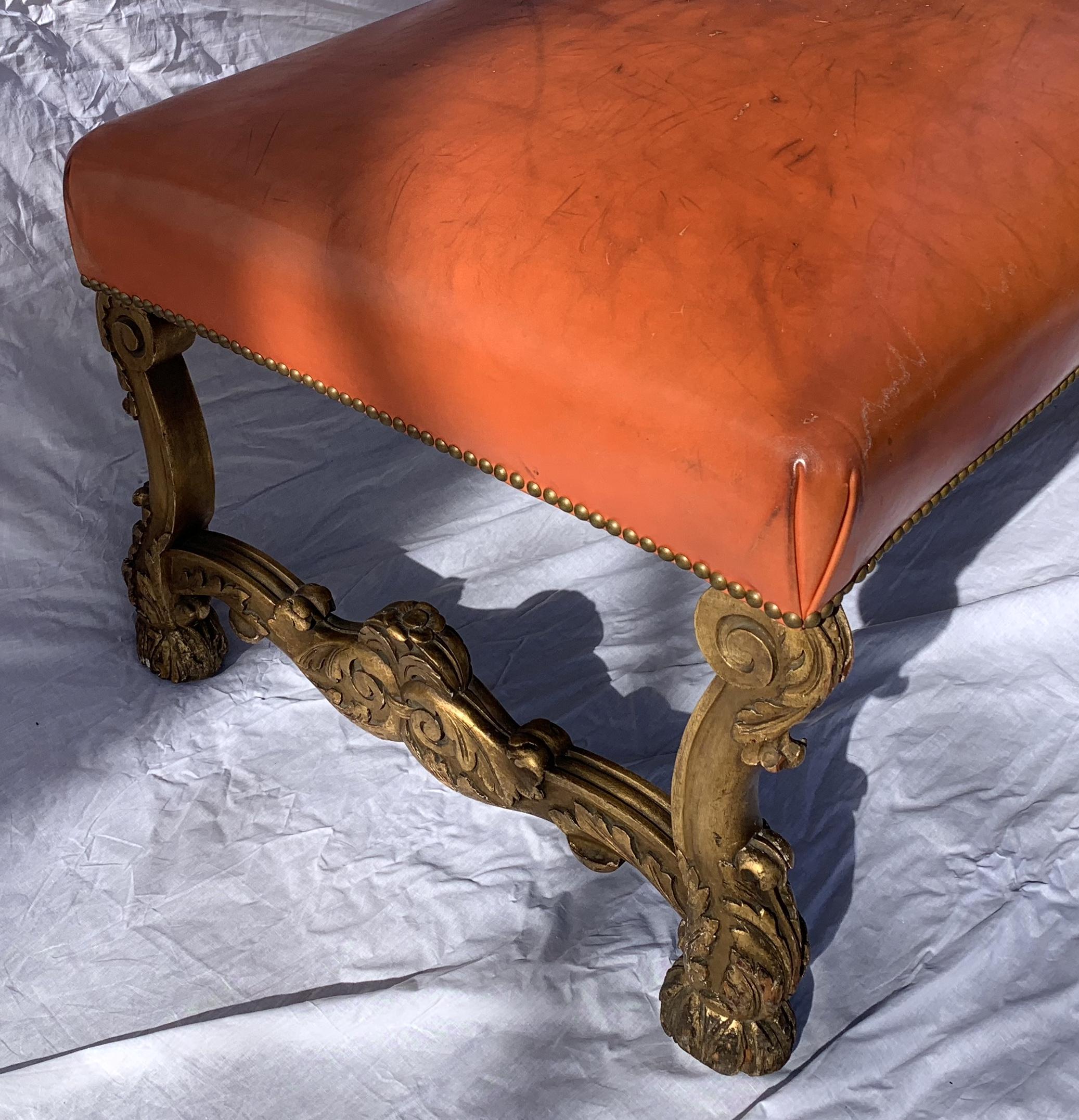Hand-Carved Wonderful French Regency 19th Century Carved Giltwood Nail Head Leather Bench