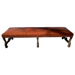 Wonderful French Regency 19th Century Carved Giltwood Nail Head Leather Bench