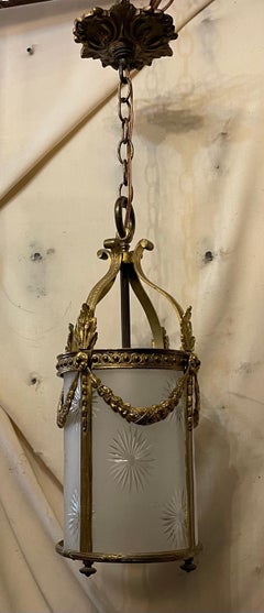 Wonderful French Regency Bronze Louis XV Star Frosted Art Glass Lantern Fixture