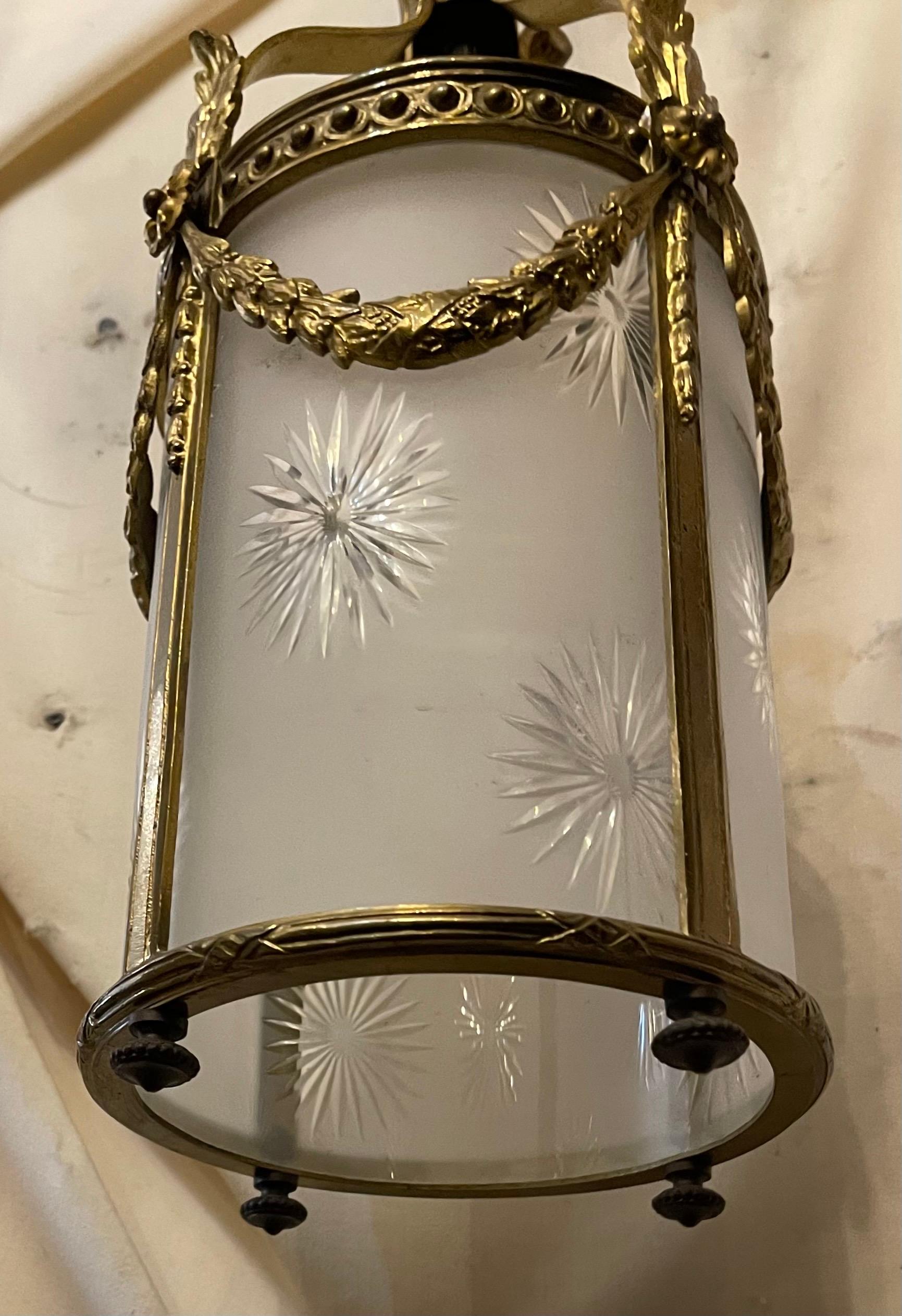 Etched Wonderful French Regency Bronze Louis XV Star Frosted Art Glass Lantern Fixture For Sale