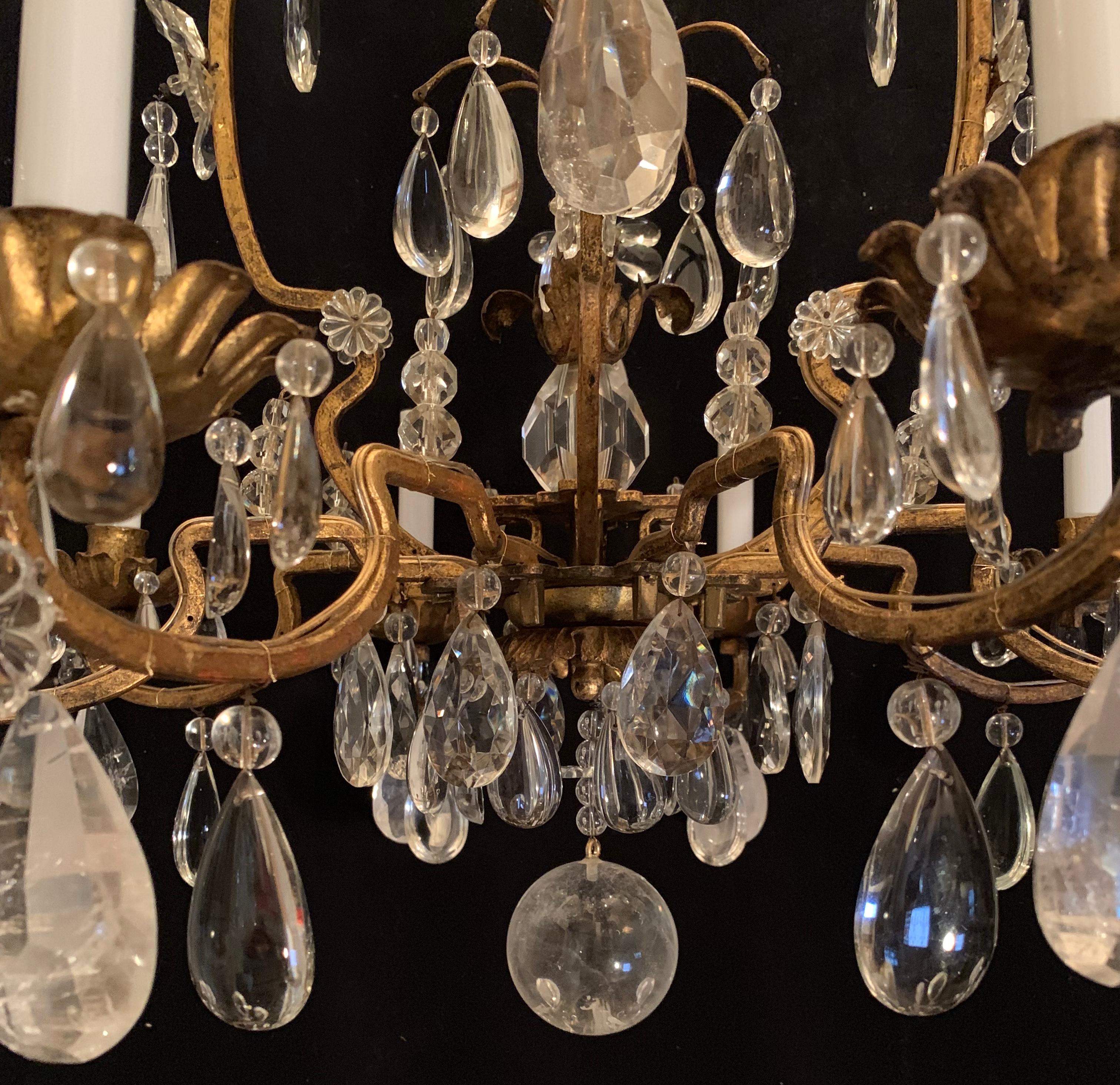 Louis XVI Wonderful French Rock Crystal Gold Gilt 8 Light Bird Cage Baguès Chandelier For Sale