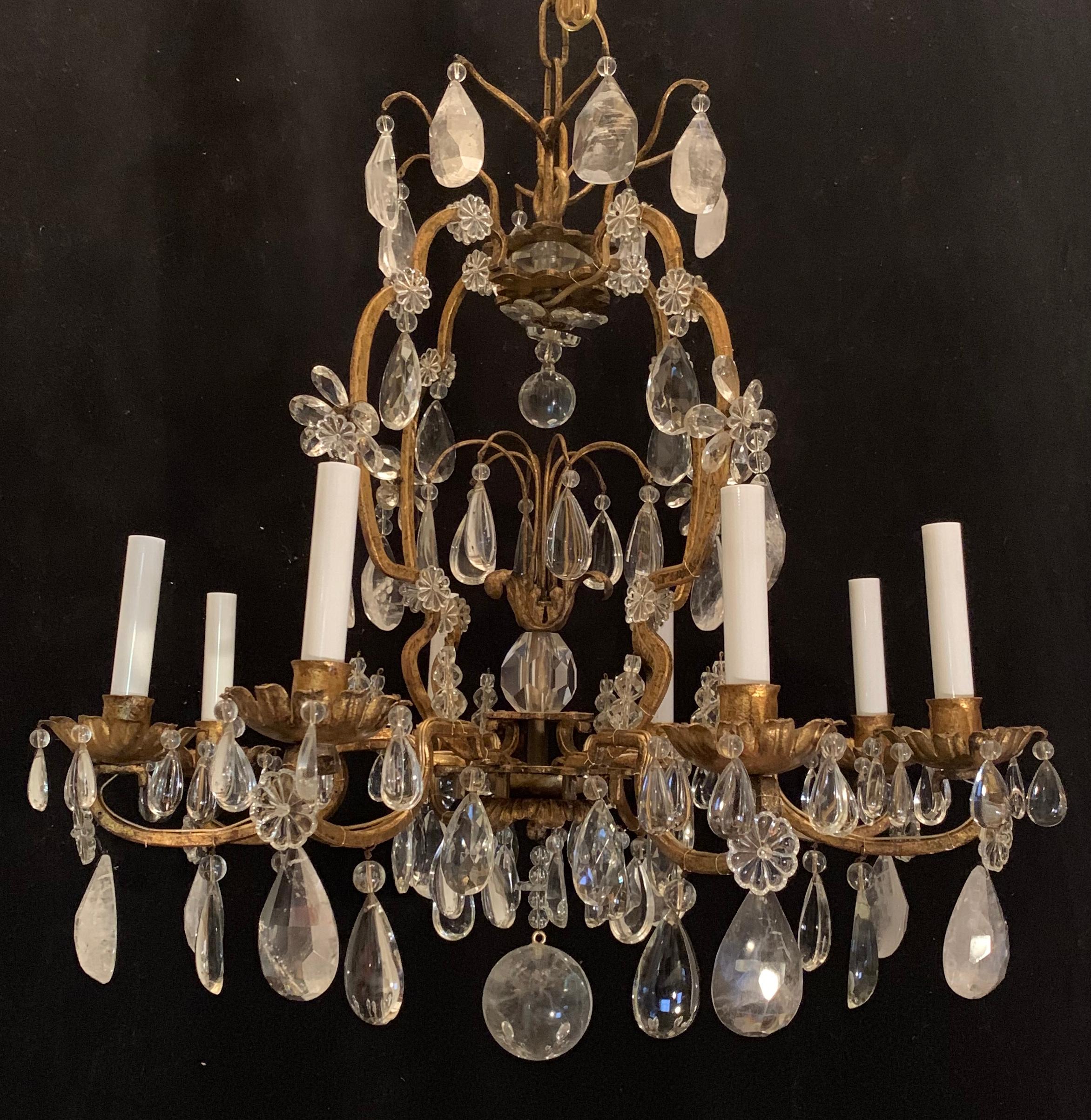 Wonderful French Rock Crystal Gold Gilt 8 Light Bird Cage Baguès Chandelier In Good Condition For Sale In Roslyn, NY