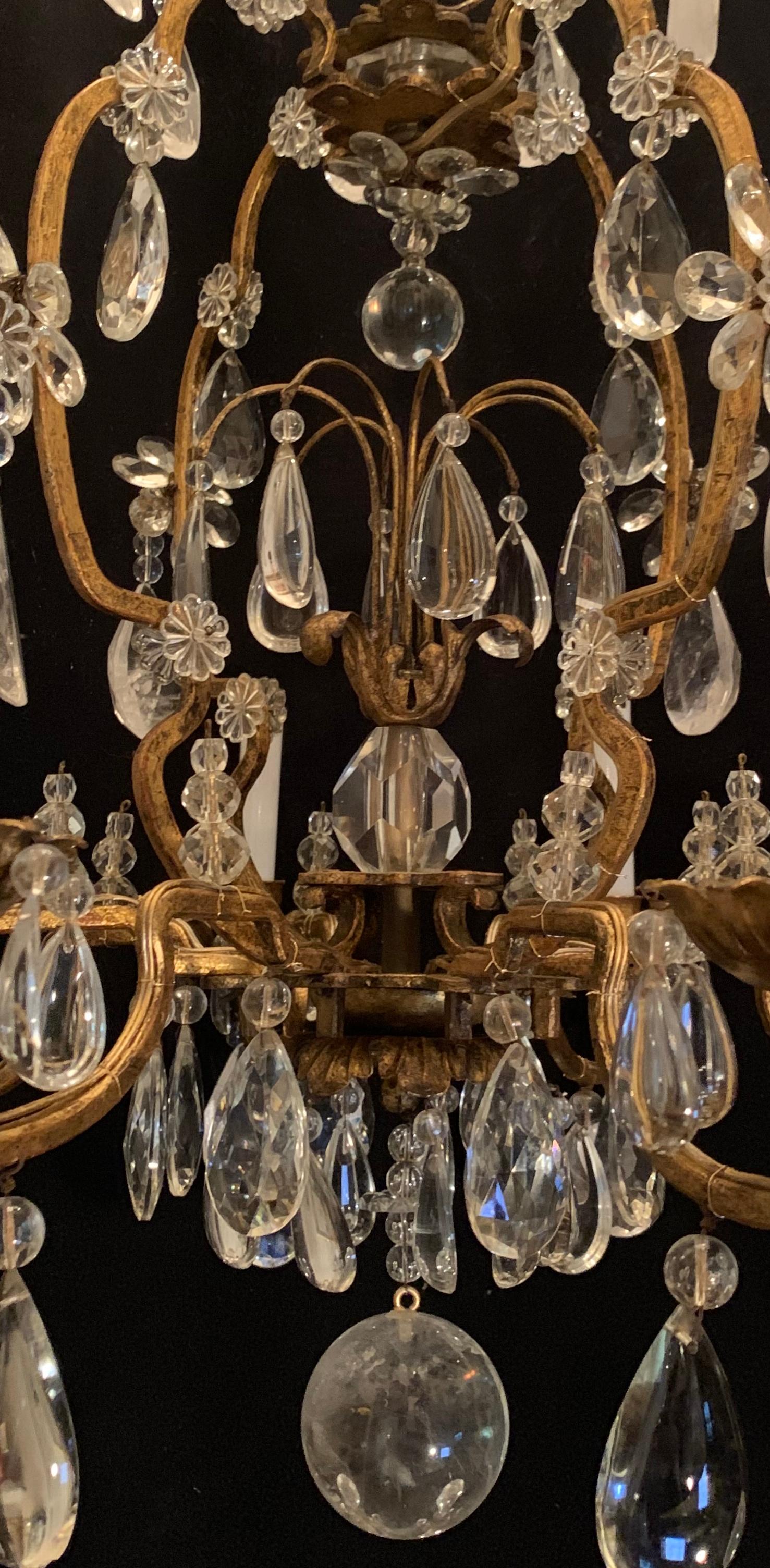 20th Century Wonderful French Rock Crystal Gold Gilt 8 Light Bird Cage Baguès Chandelier For Sale