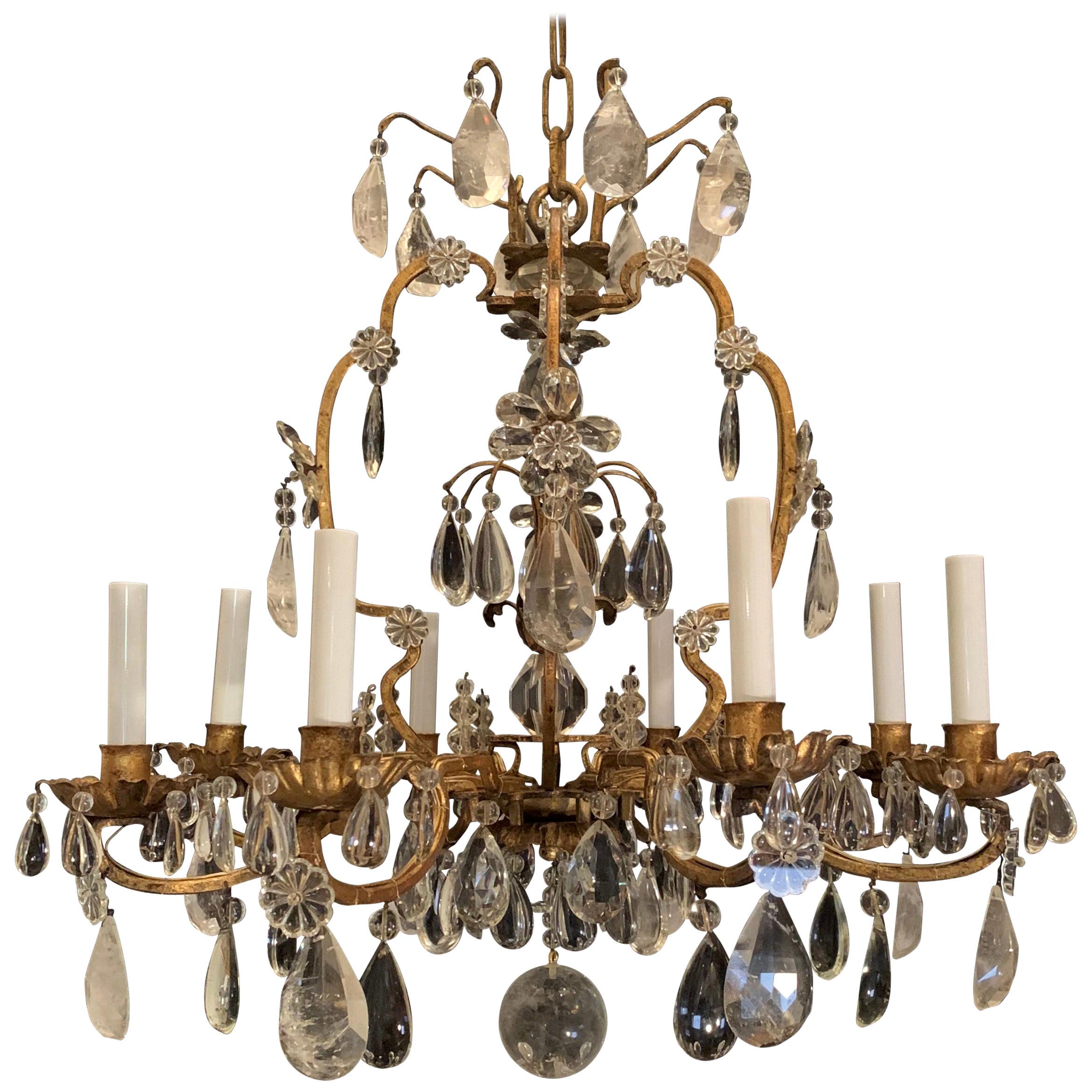 Wonderful French Rock Crystal Gold Gilt 8 Light Bird Cage Baguès Chandelier For Sale