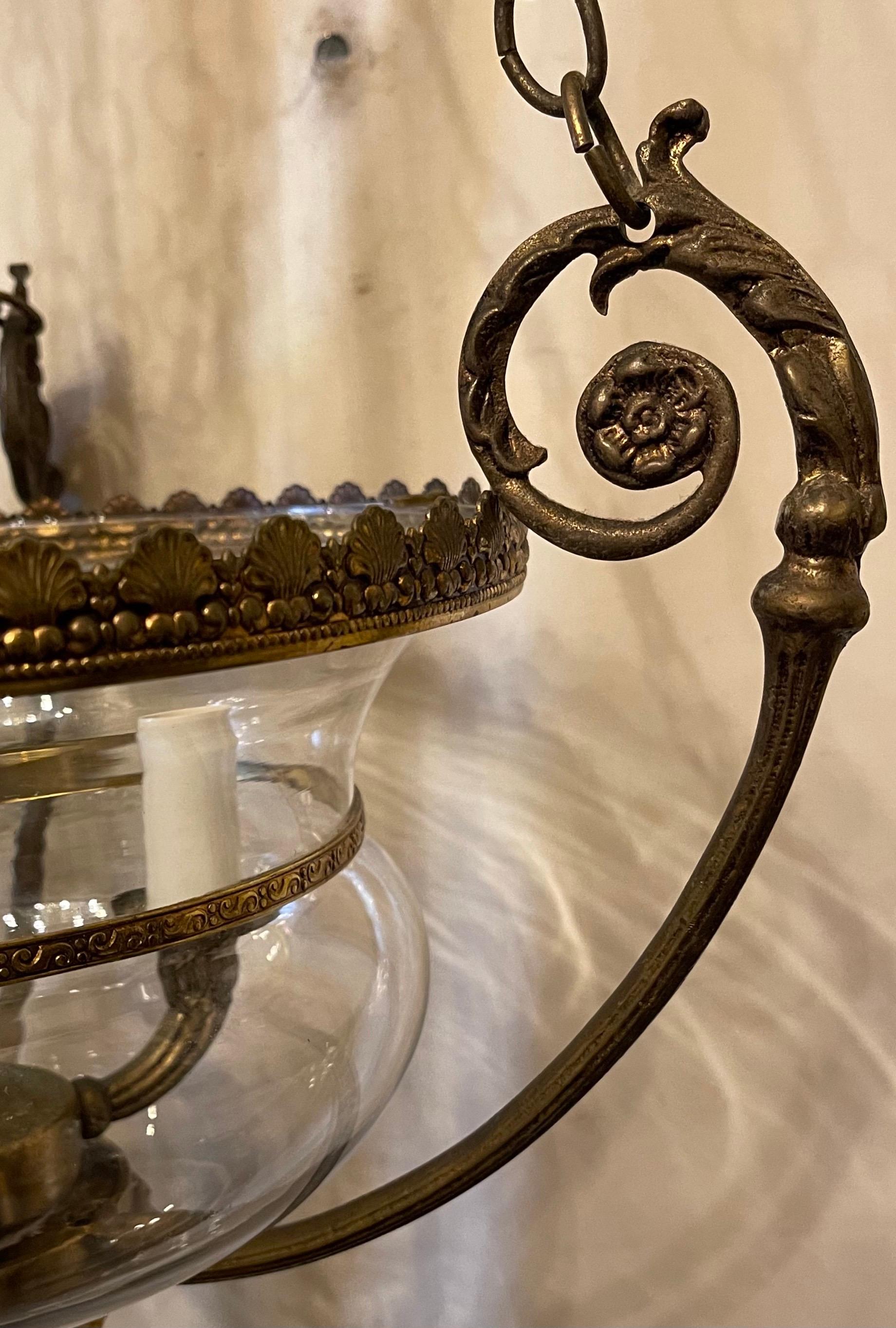 Wonderful French Semi Flush Mount Bronze Glass Bell Lantern Chandelier Fixture In Good Condition In Roslyn, NY