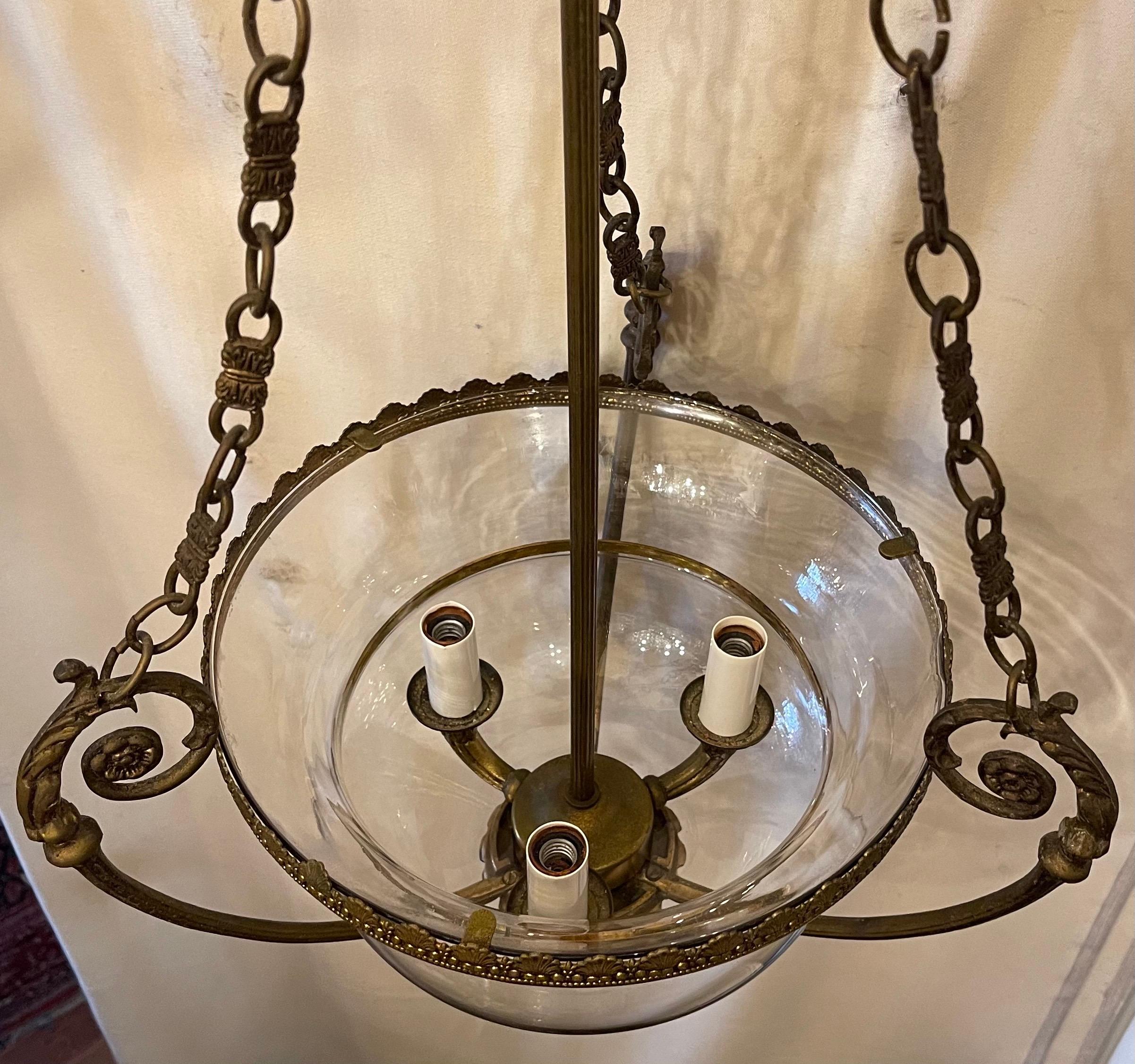 20th Century Wonderful French Semi Flush Mount Bronze Glass Bell Lantern Chandelier Fixture
