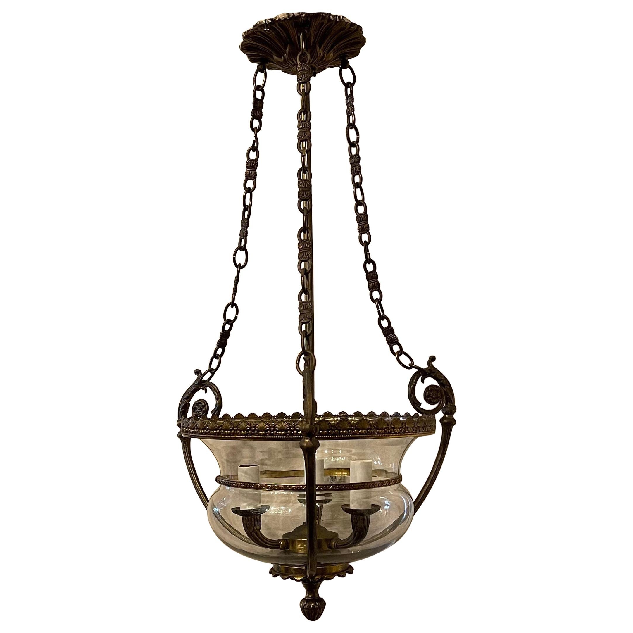 Wonderful French Semi Flush Mount Bronze Glass Bell Lantern Chandelier Fixture