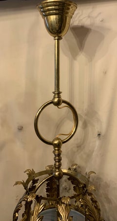 Wonderful French Vaseline Swirl Glass Polished Brass Pendant Lantern Fixture