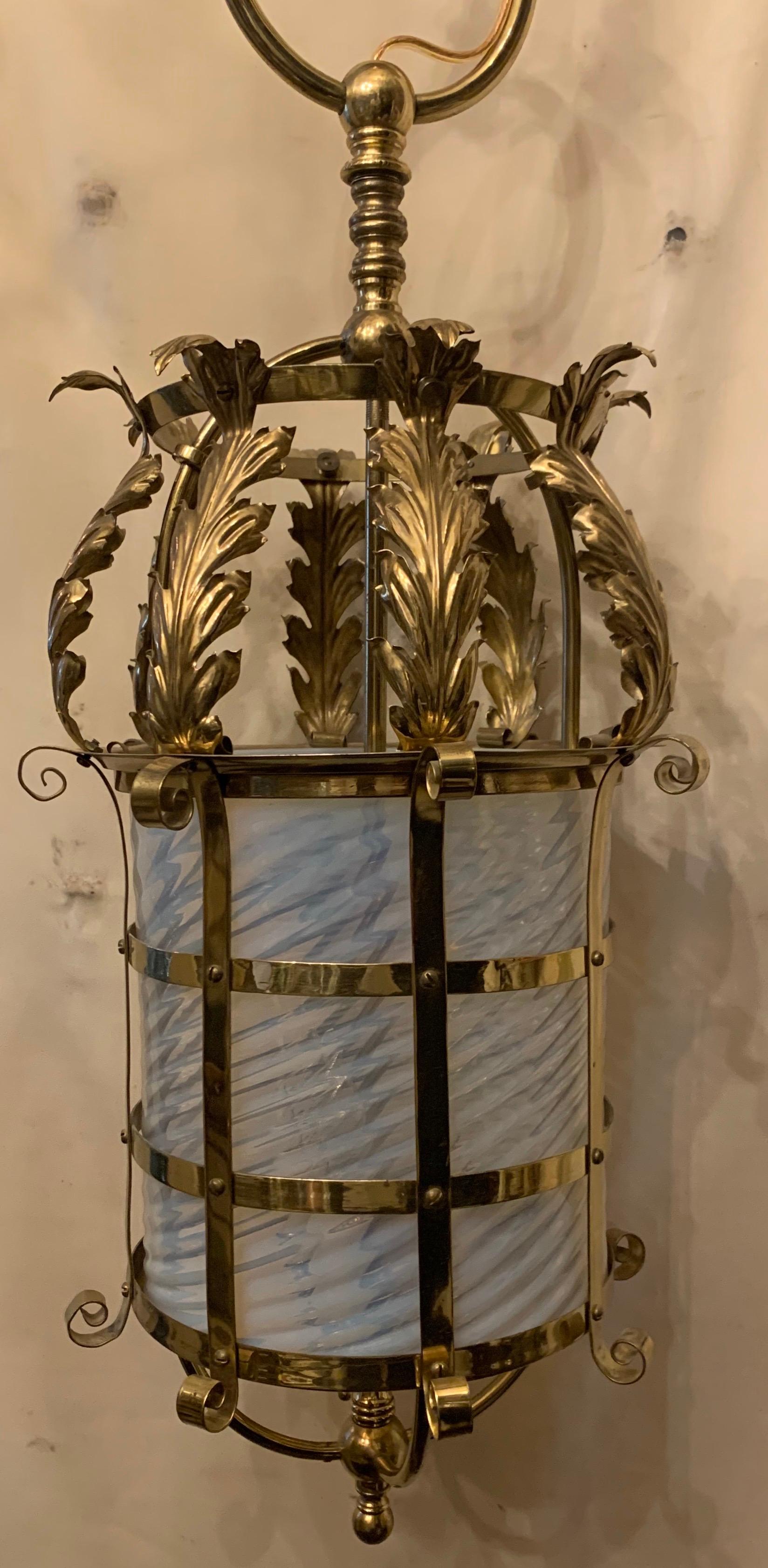 Baroque Wonderful French Vaseline Swirl Glass Polished Brass Pendant Lantern Fixture For Sale