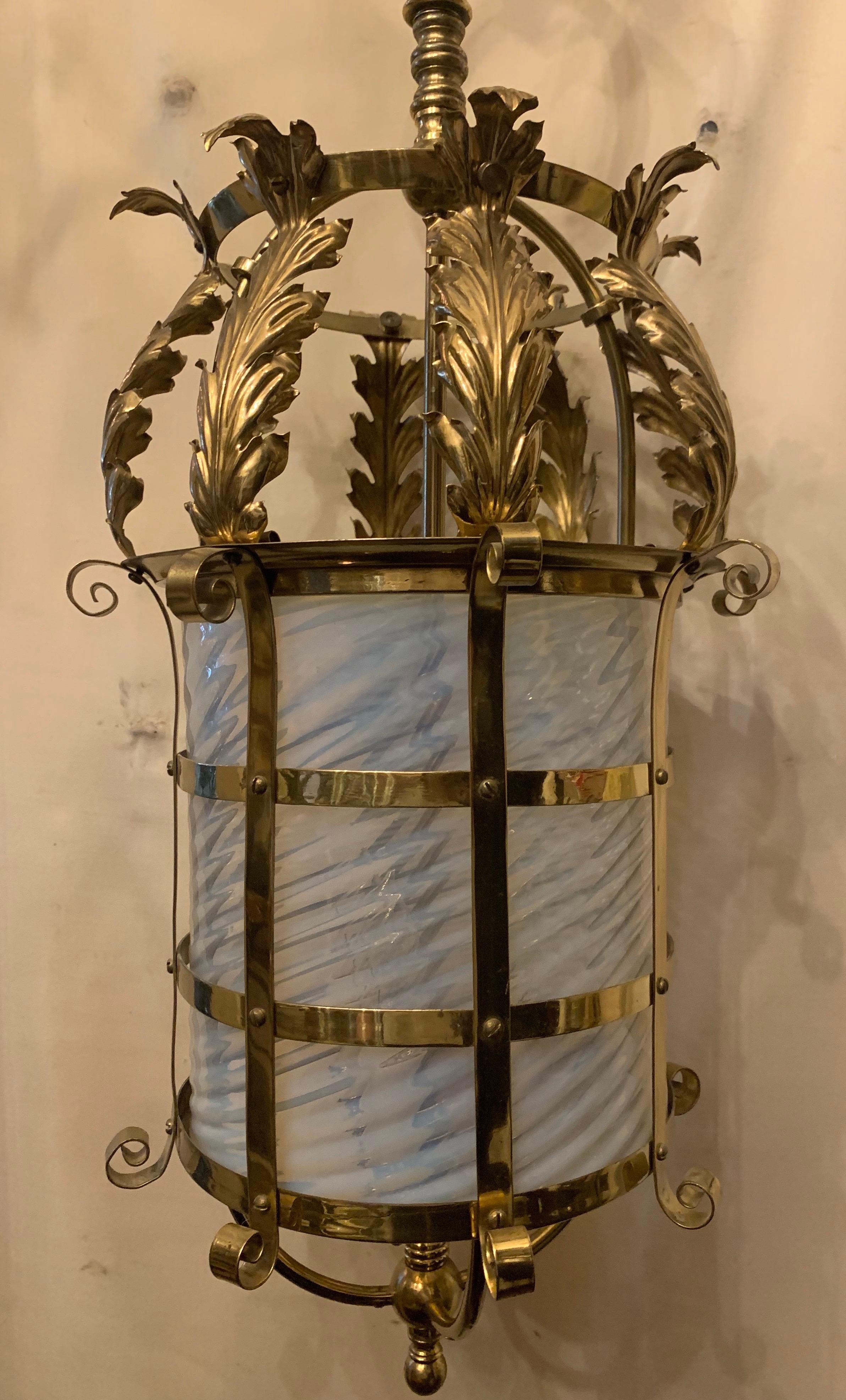 Wonderful French Vaseline Swirl Glass Polished Brass Pendant Lantern Fixture For Sale 1