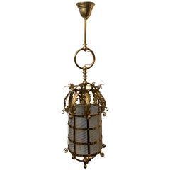 Wonderful French Vaseline Swirl Glass Polished Brass Pendant Lantern Fixture