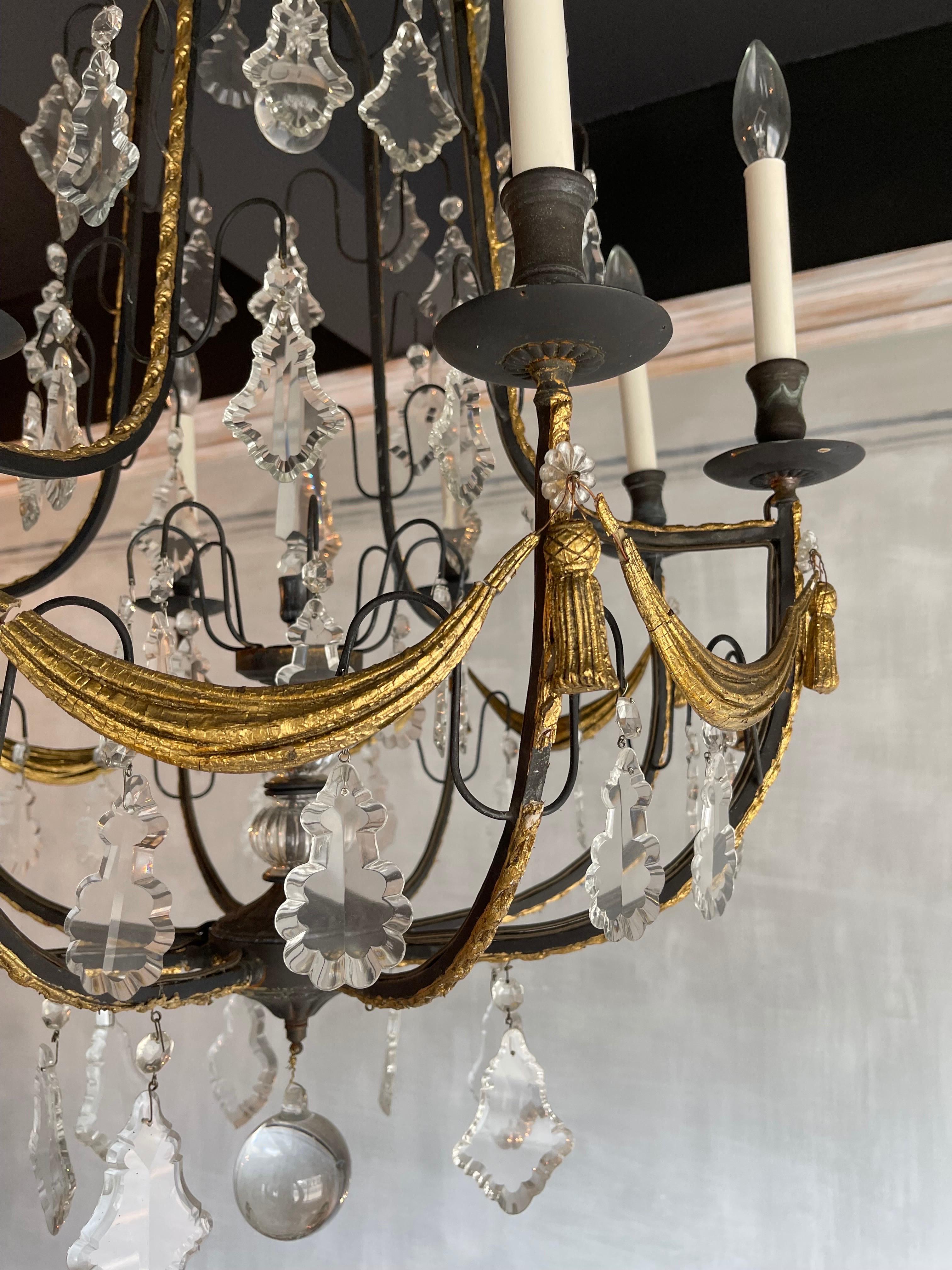 Wonderful French Wrought Iron & Crystal Louis XV Chandelier with Gilt Swags In Good Condition In Roslyn, NY