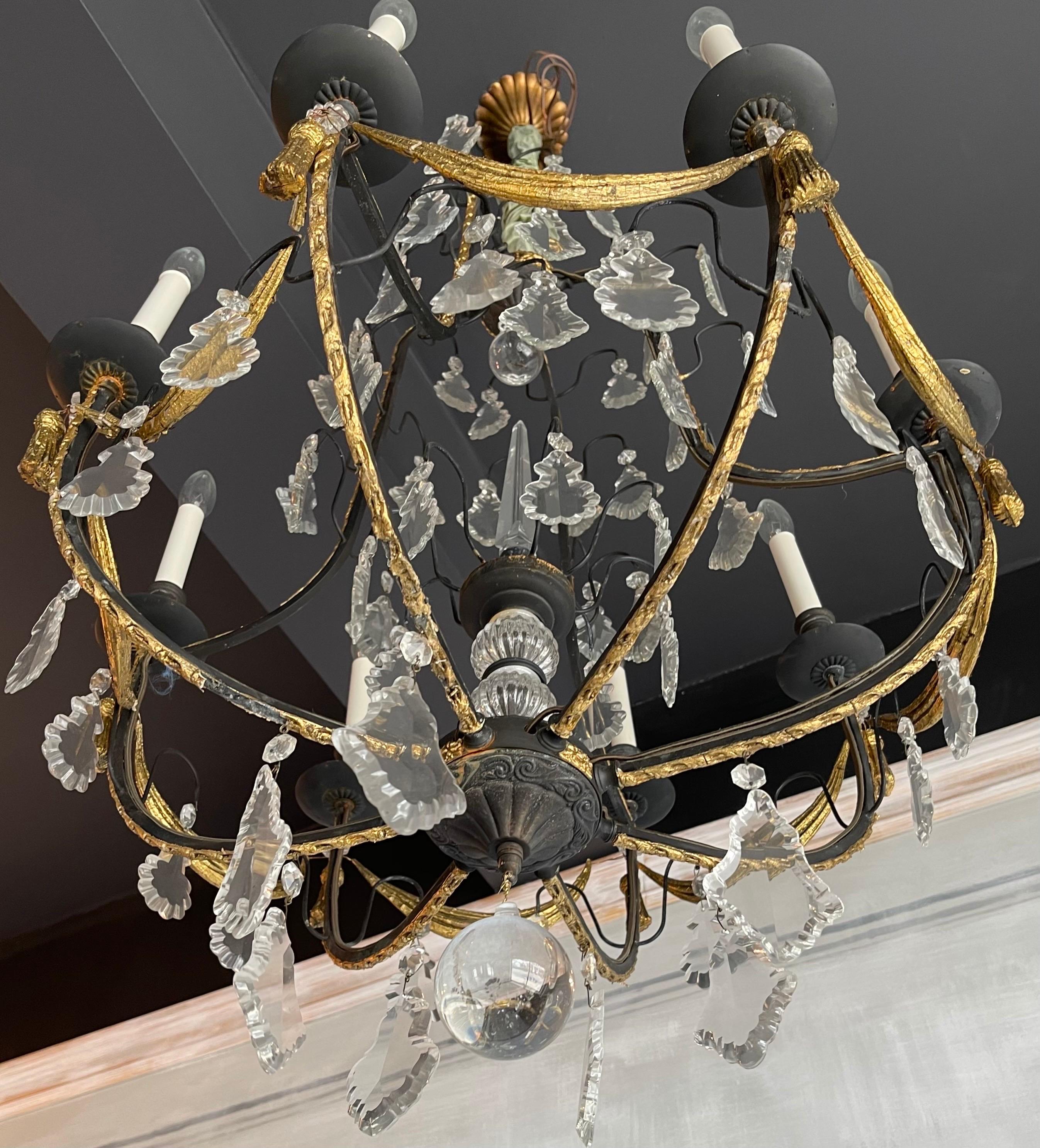 20th Century Wonderful French Wrought Iron & Crystal Louis XV Chandelier with Gilt Swags
