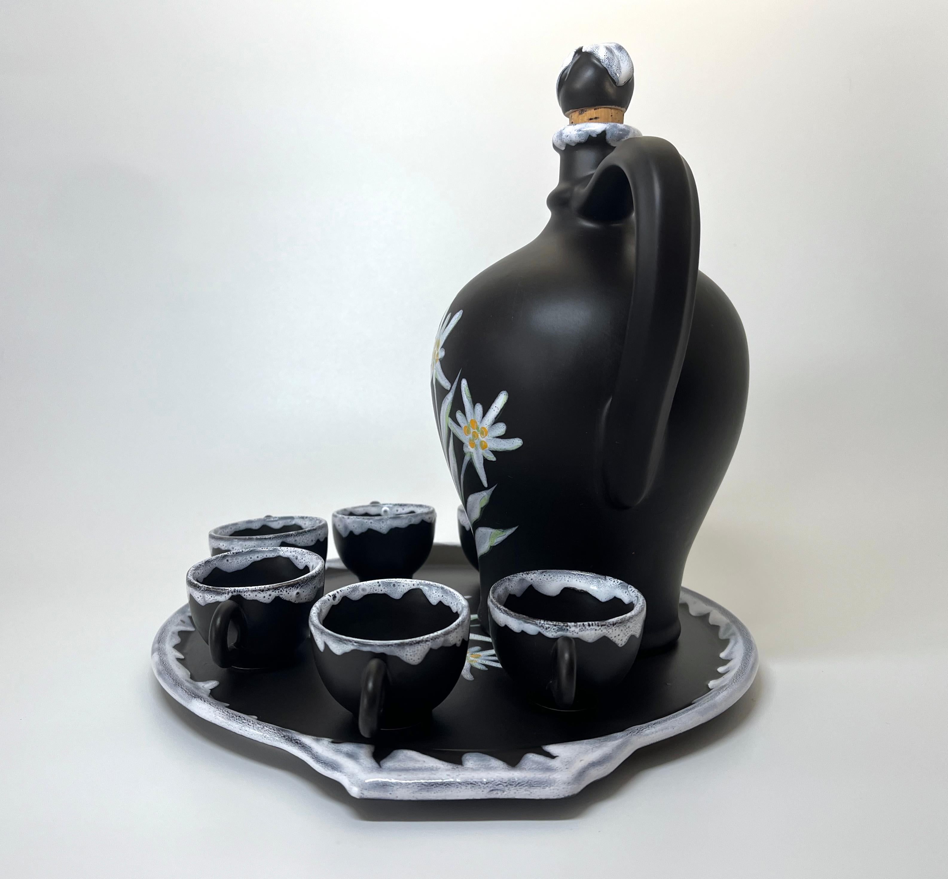 Mid-Century Modern Wonderful Gabriel Fourmaintraux Edelweiss Flower Ceramic Liqueur Decanter Set  For Sale