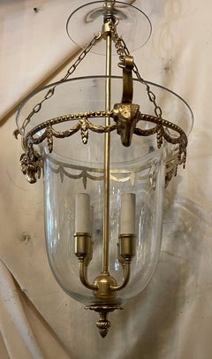 Wonderful Gilt Bronze Rams Head Regency Neoclassical Glass Bell Jar Lantern