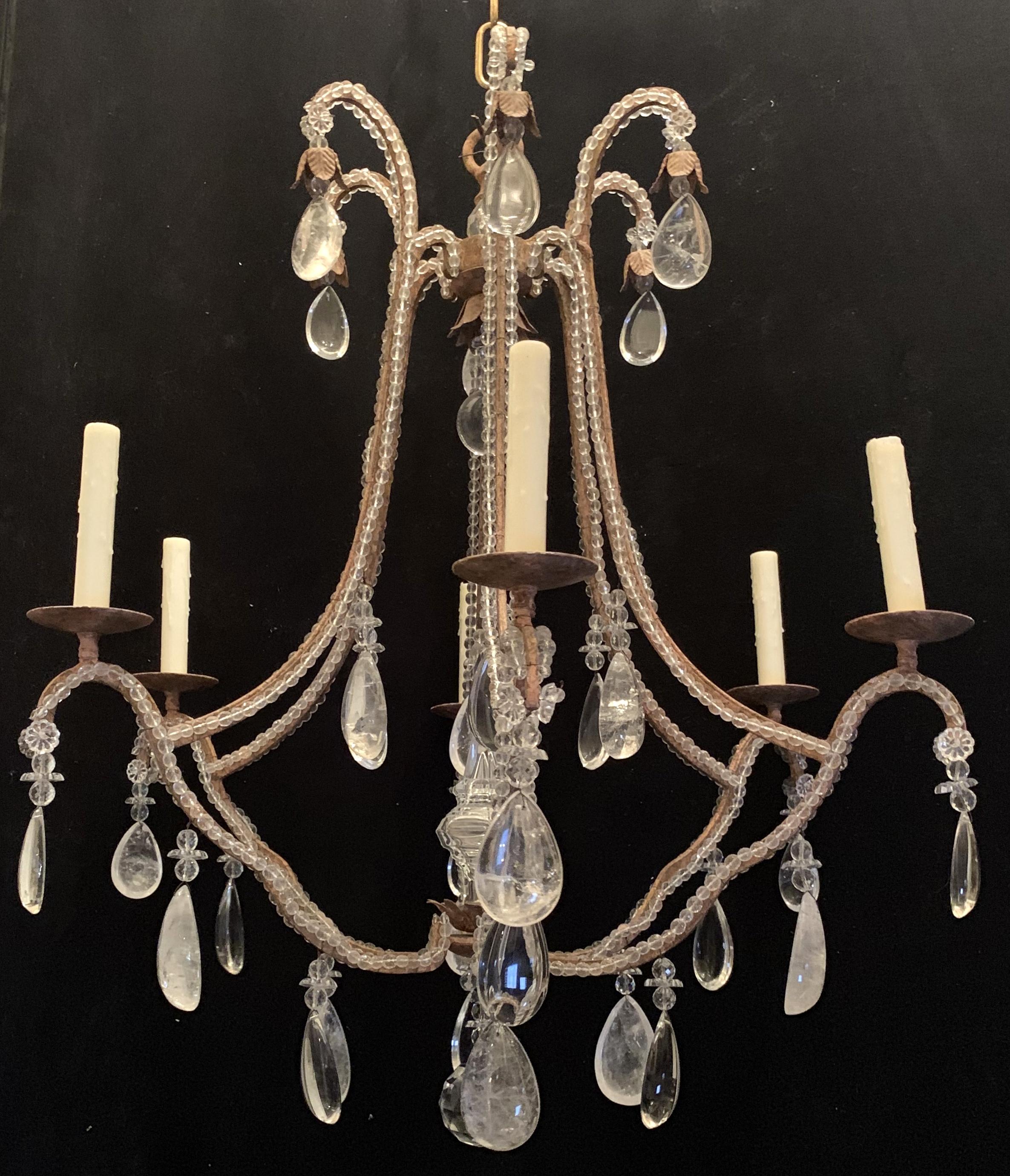Wonderful Gilt Iron Baguès Rock Crystal Beaded Large Jansen Chandelier Fixture In Good Condition In Roslyn, NY