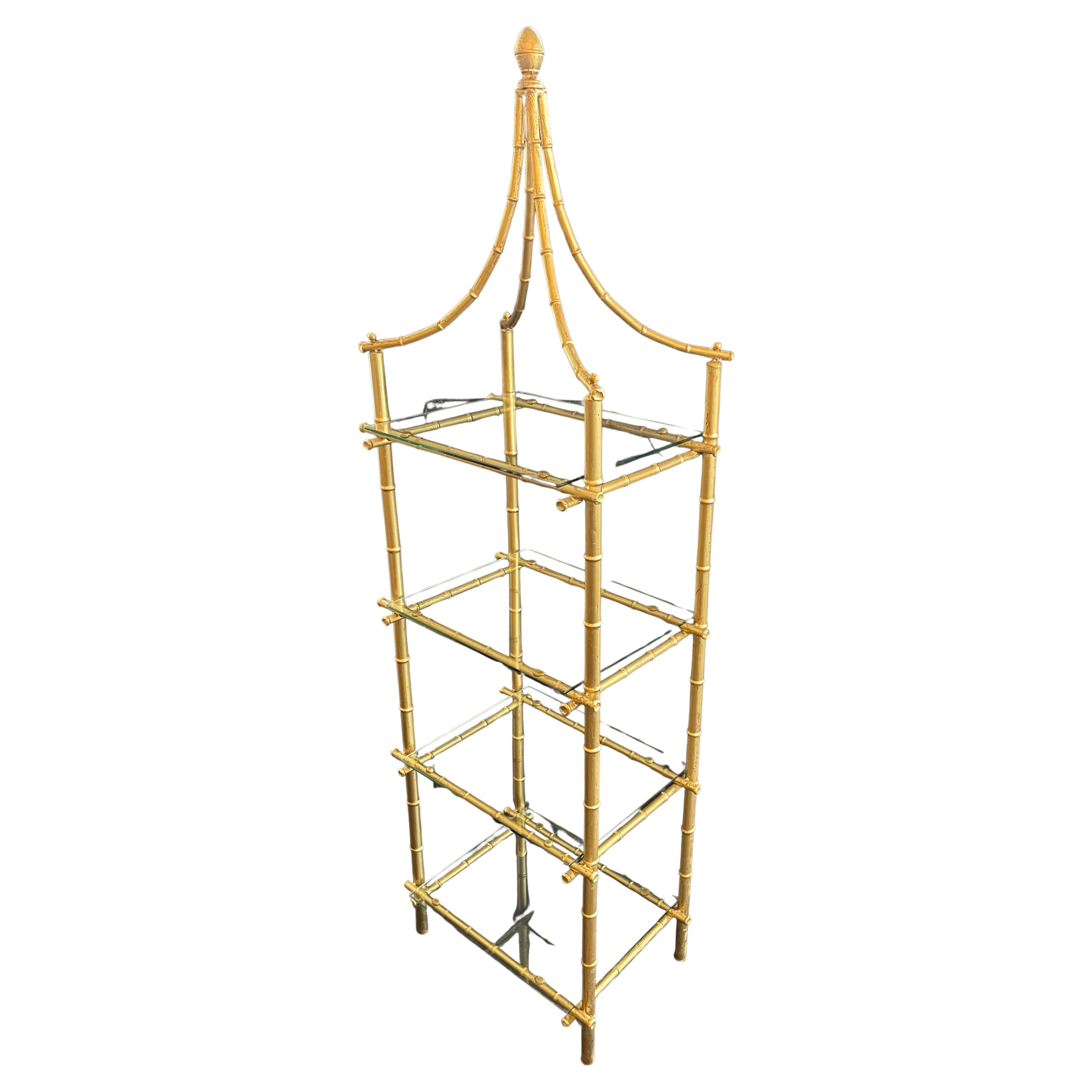 A Wonderful Tall Gold Gilt Faux Bamboo Chinoiserie Pagoda Glass Shelf Palm Beach Etagere 