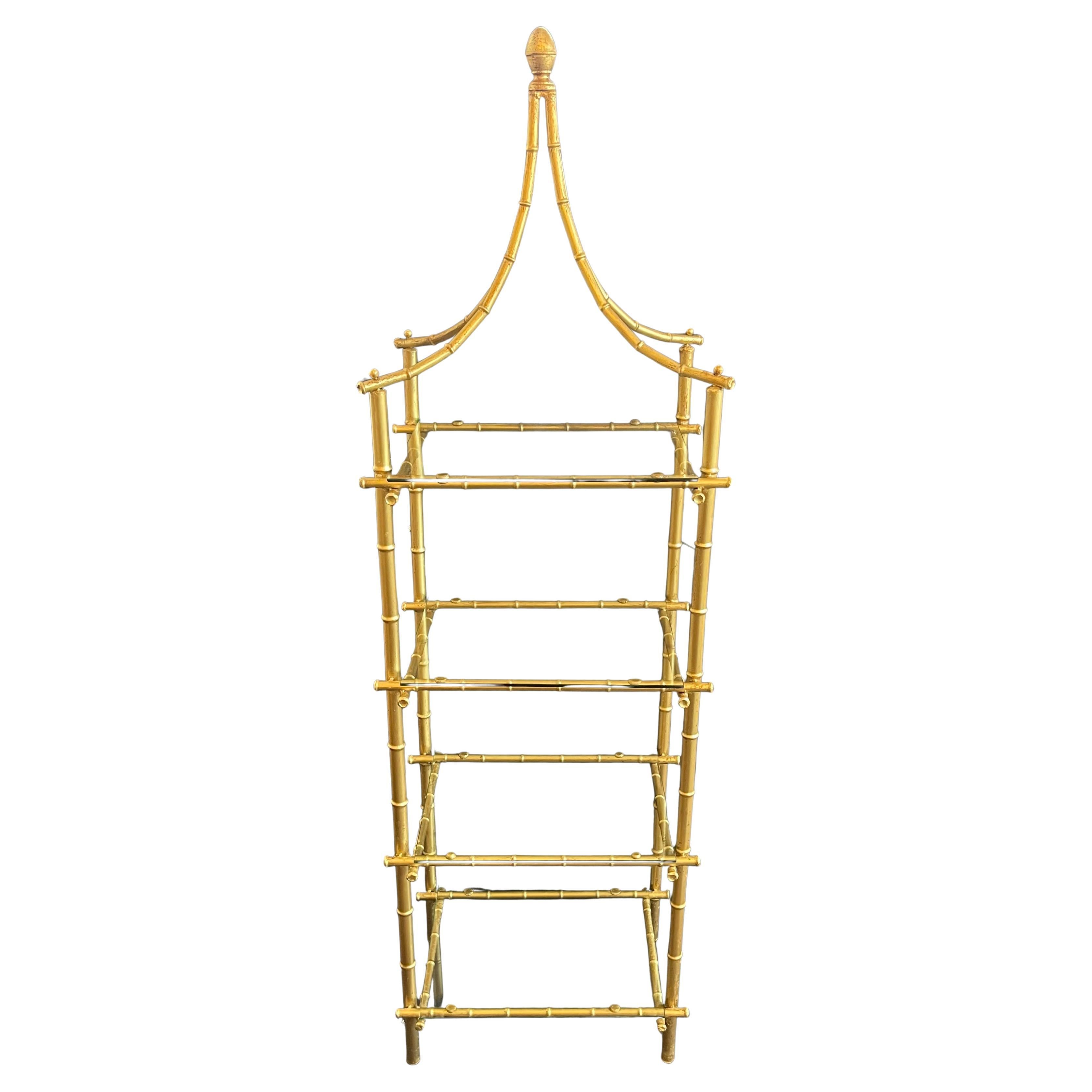 Wonderful Gold Gilt Bamboo Chinoiserie Pagoda Glass Shelf Palm Beach Etagere