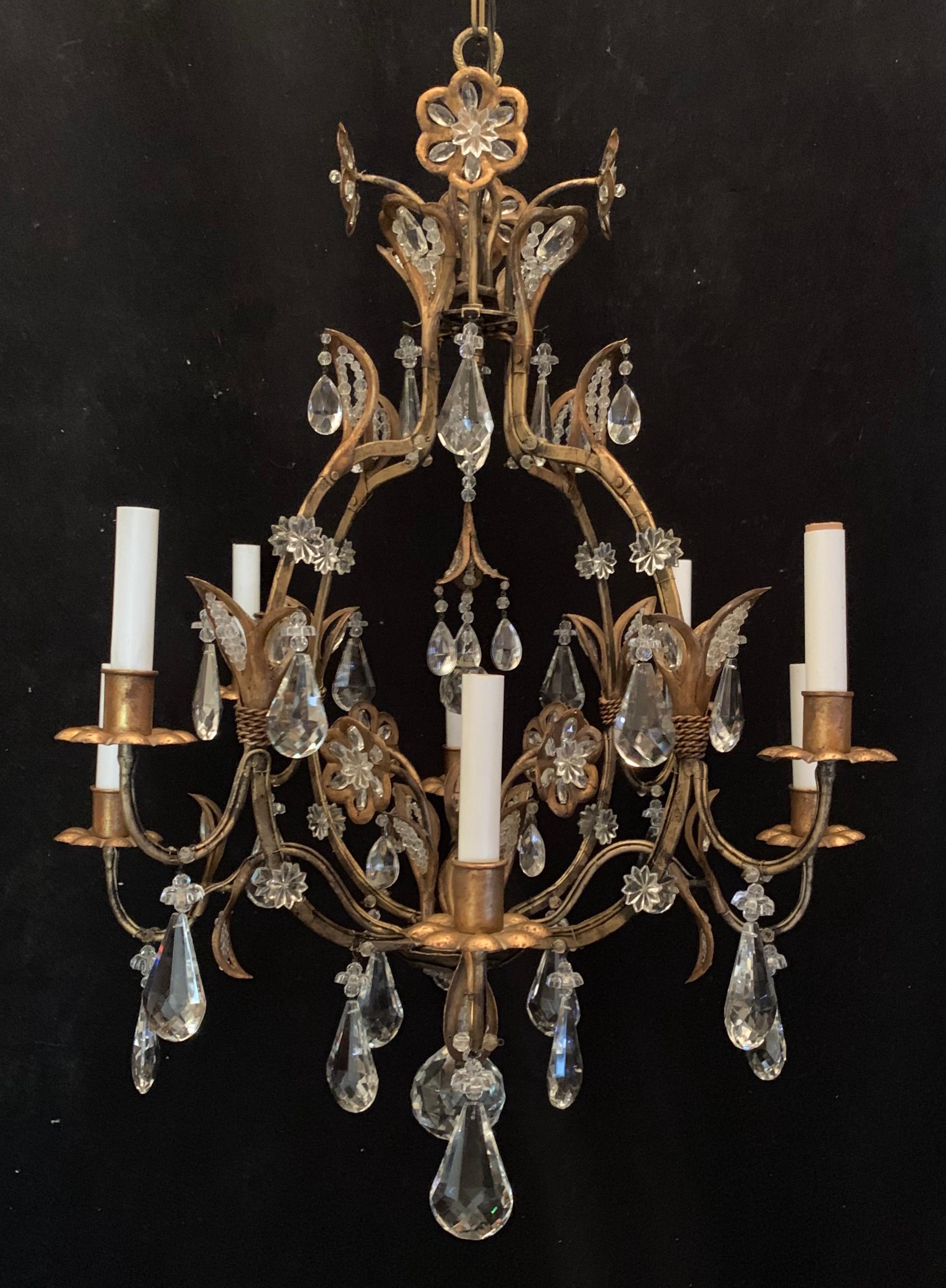 Wonderful Gold Gilt Iron Baguès Crystal Beaded Flower 8-Light Fixture Chandelier In Good Condition In Roslyn, NY