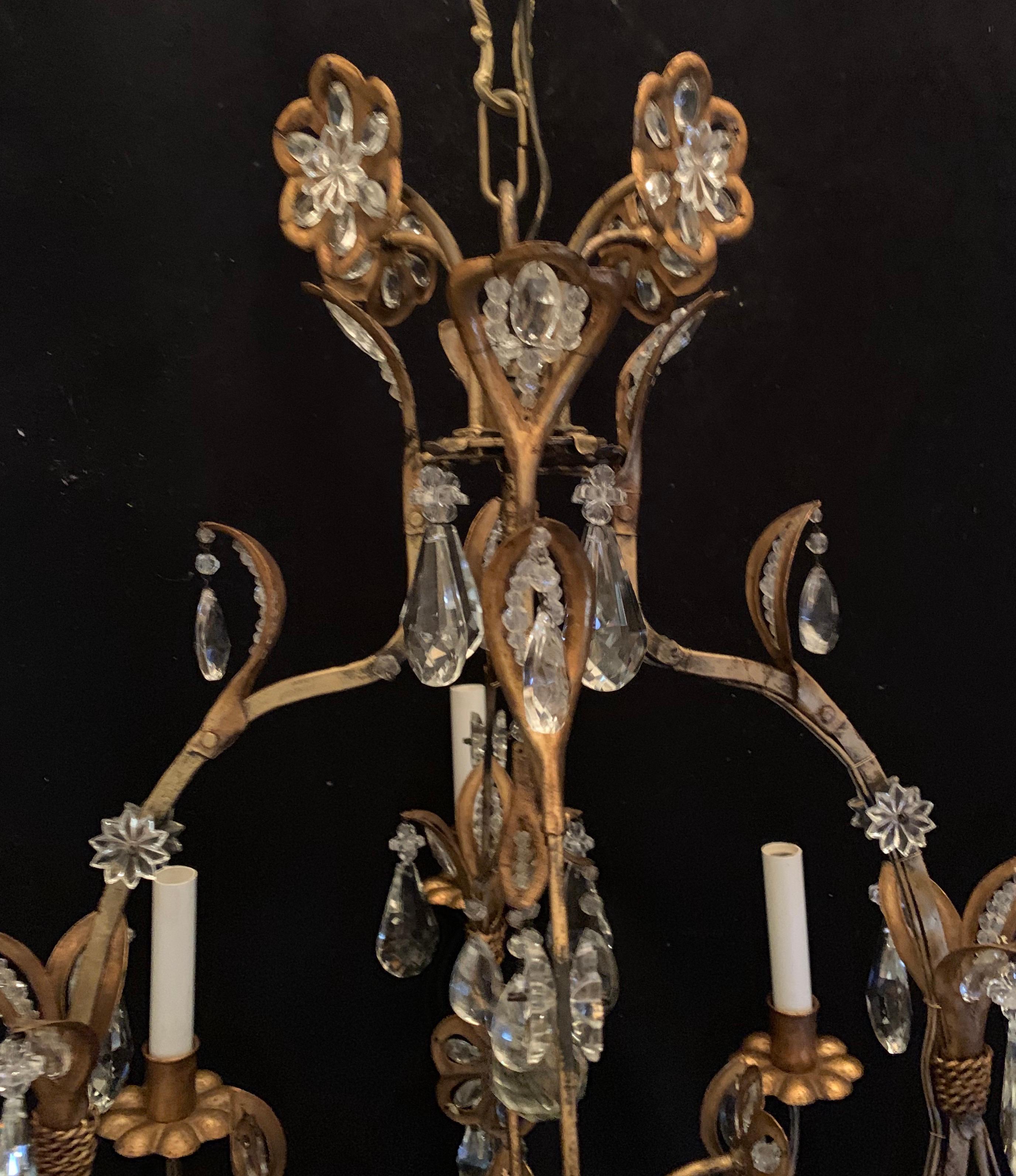 Wonderful Gold Gilt Iron Baguès Crystal Beaded Flower 8-Light Fixture Chandelier 1