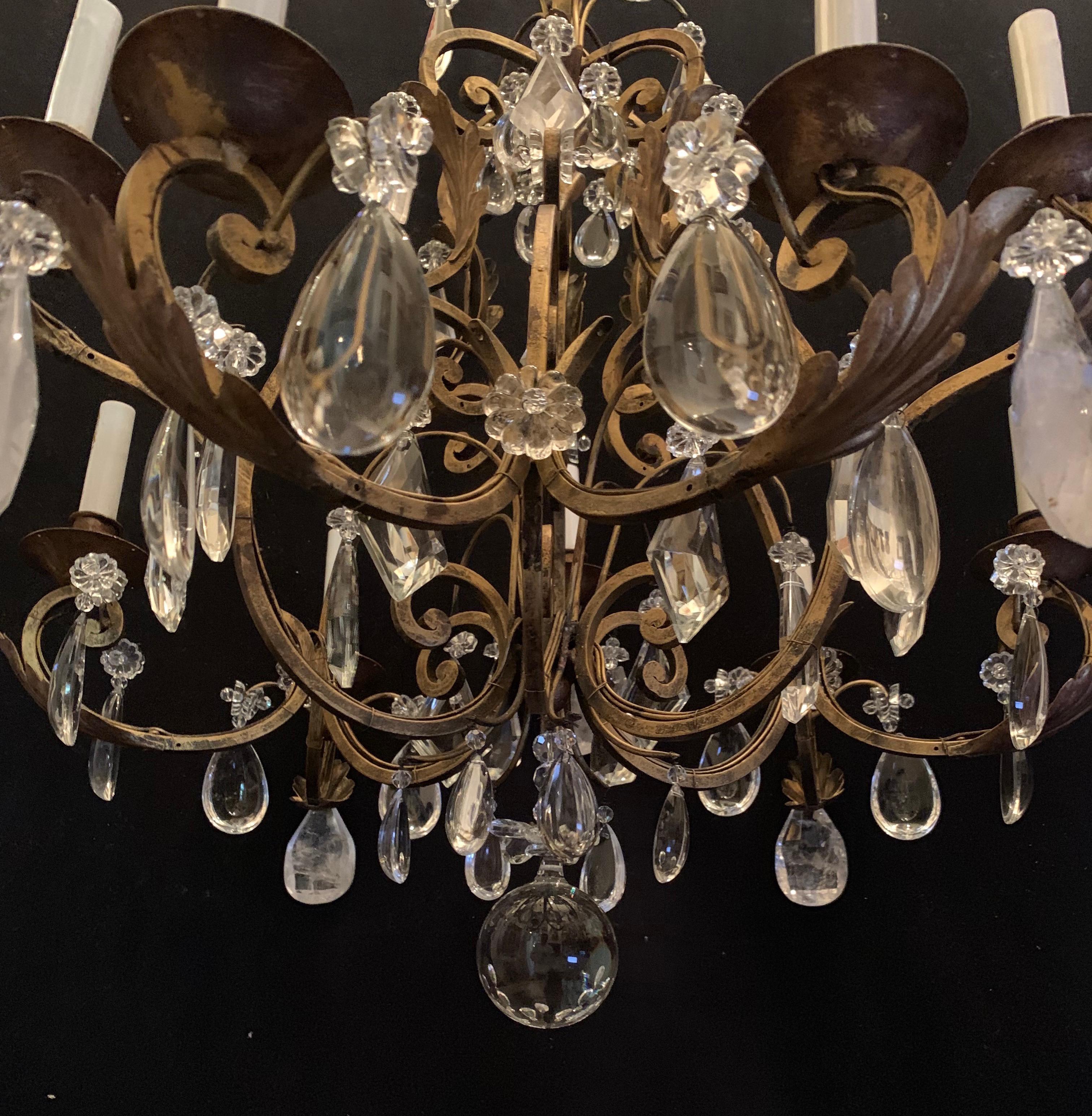 Wonderful Gold Gilt Iron Baguès Rock Crystal Beaded 9 Light Fixture Chandelier In Good Condition In Roslyn, NY