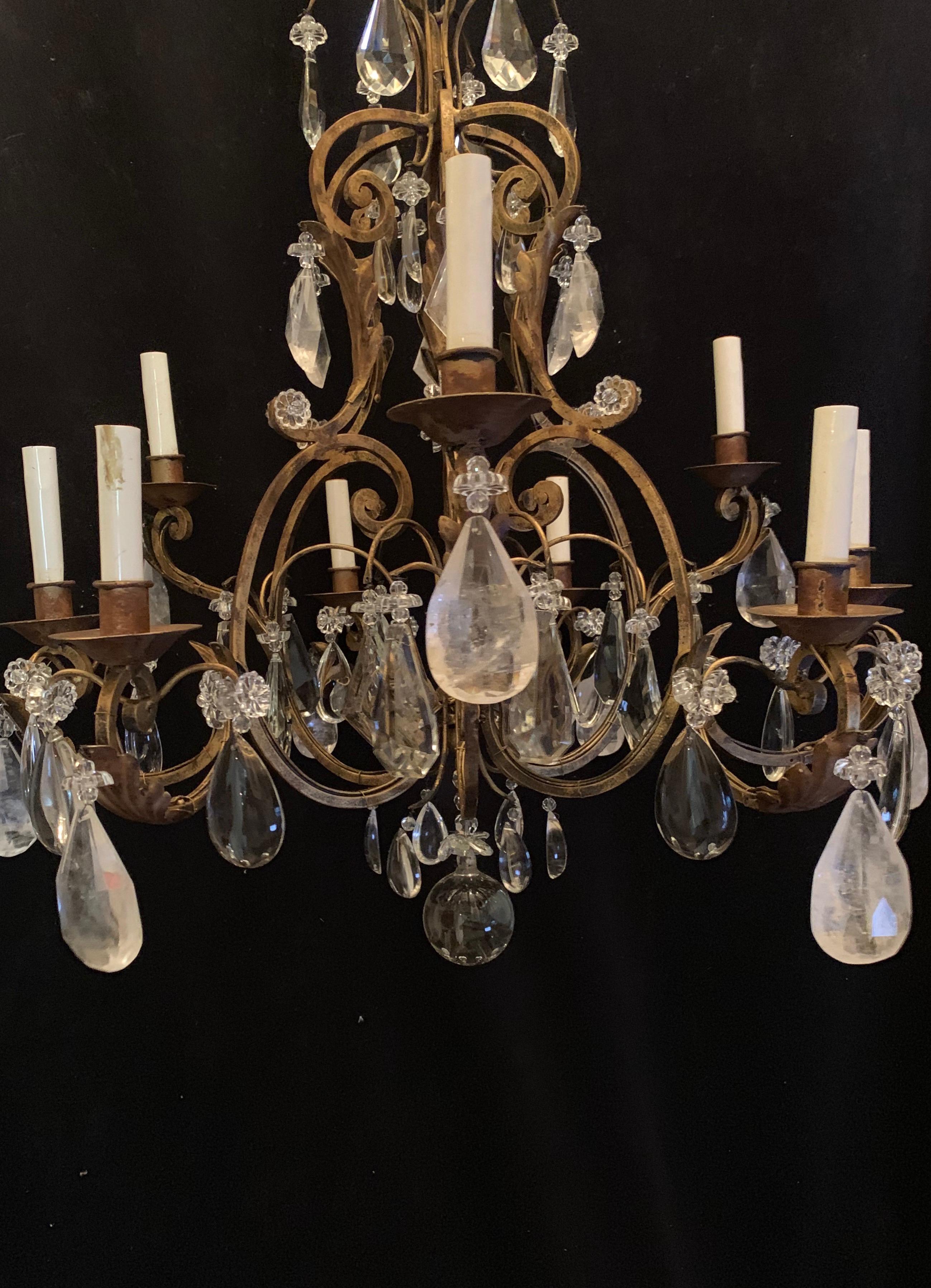 Wonderful Gold Gilt Iron Baguès Rock Crystal Beaded 9 Light Fixture Chandelier 2