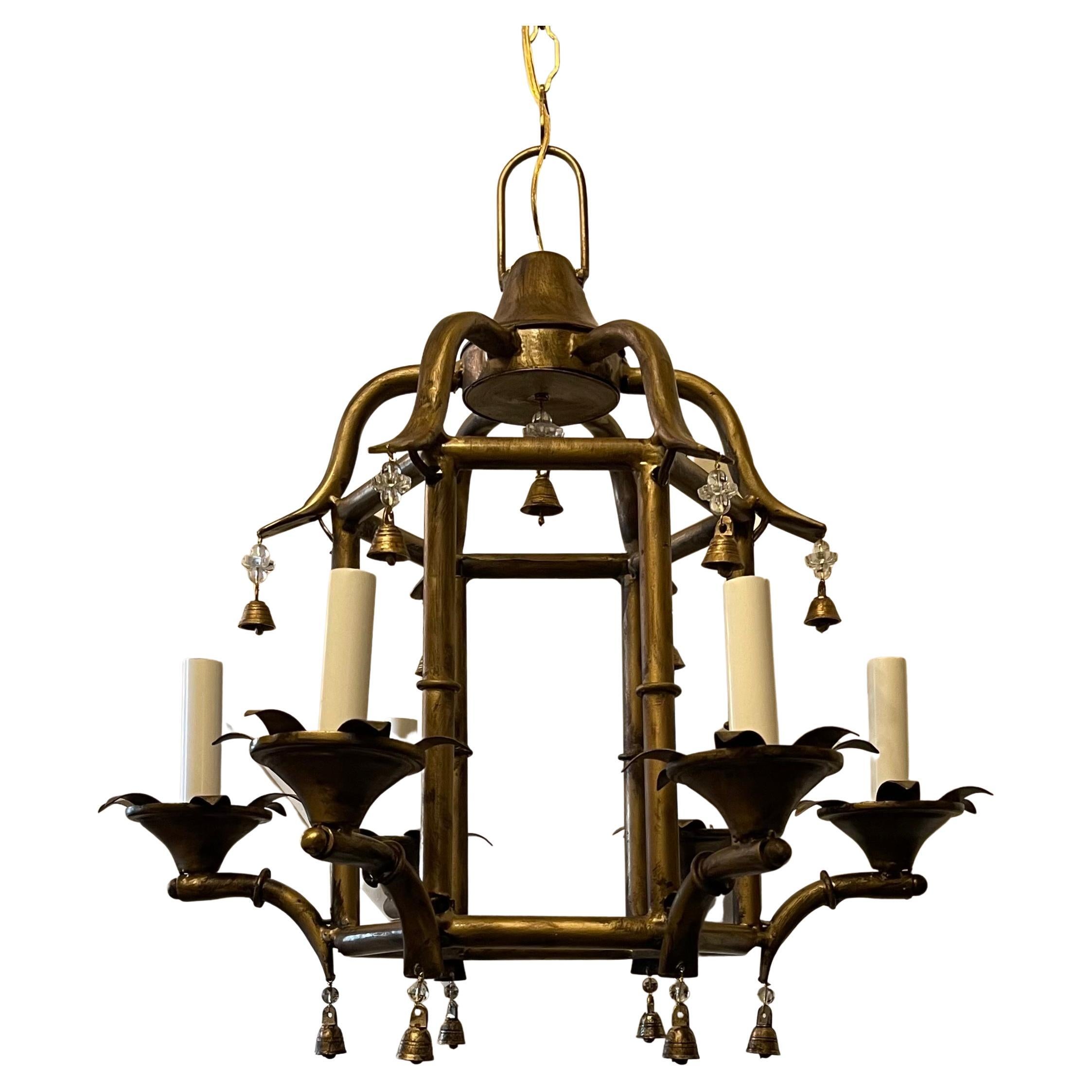 A Wonderful Gold Gilt Tole Pagoda Bamboo Form chinoiserie Lantern Fixture With 6 Candelabra Lights And This Beautiful Chandelier Is Decorated With Crystal Beads And Flowers Finished With Brass Bells.