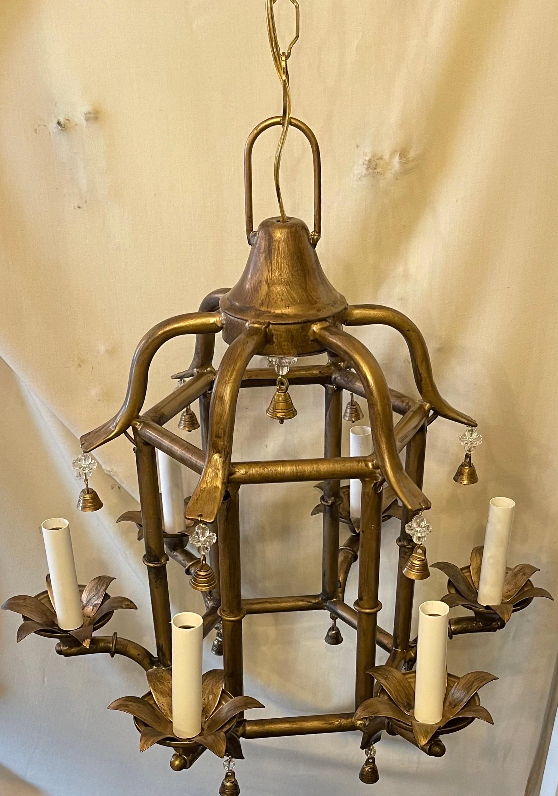 Wonderful Gold Gilt Tole Pagoda Bamboo Chinoiserie Lantern Fixture Chandelier In Good Condition For Sale In Roslyn, NY