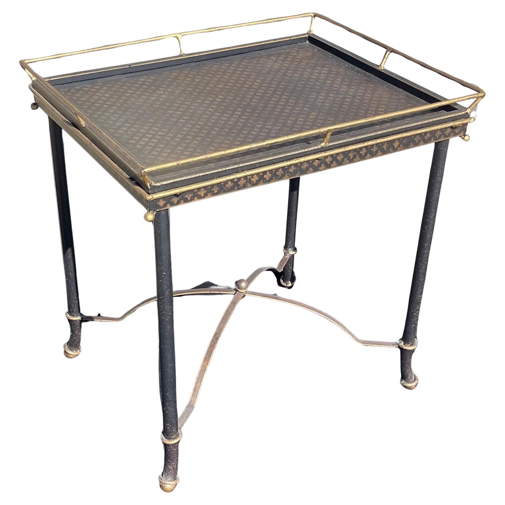 Wonderful Hand Painted Black Gold Tray Top Tole Coffee Cocktail Side Table For Sale