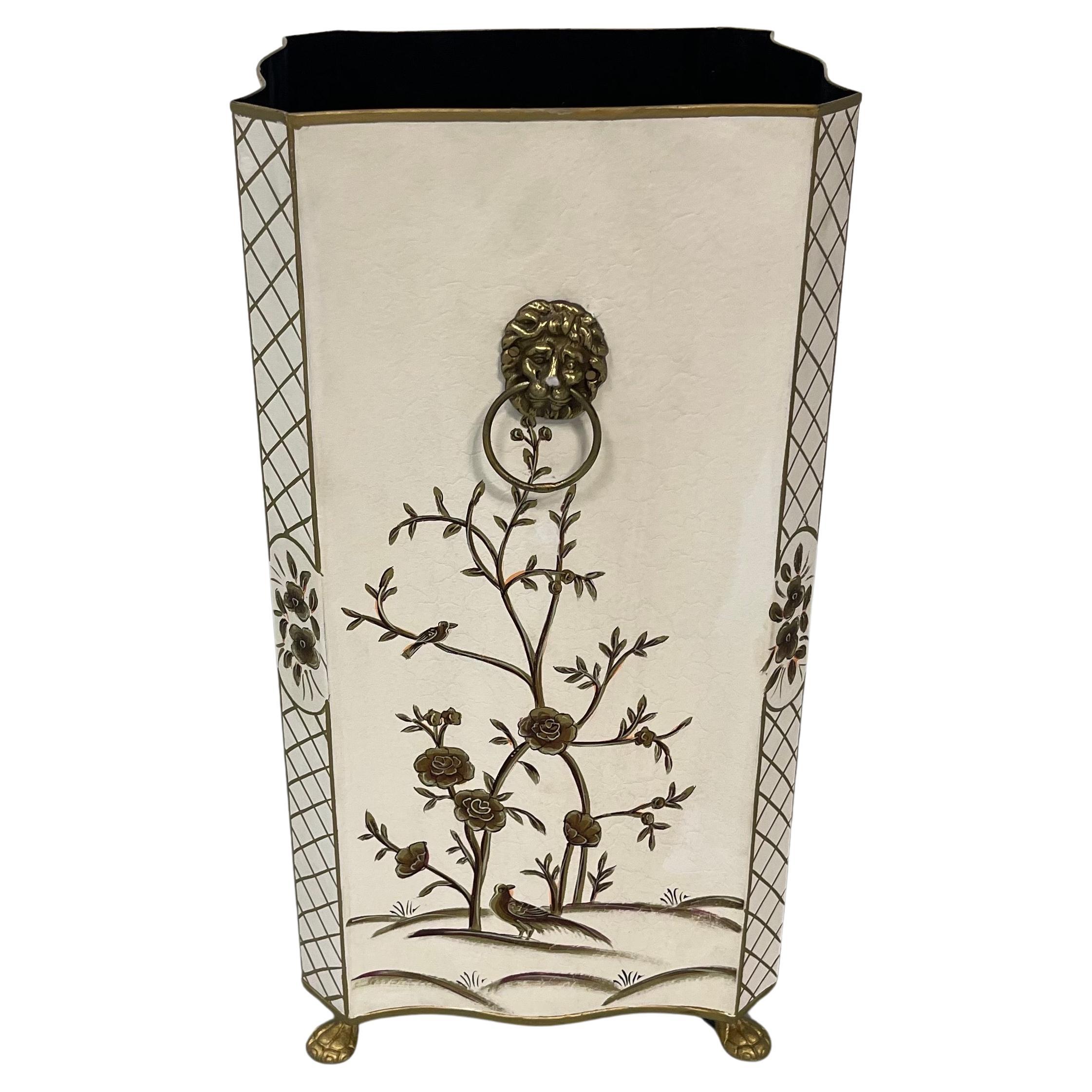 Hand-Painted Wonderful Hand Painted Chinoiserie Tole Lions Head Paw Feet Umbrella Stand For Sale