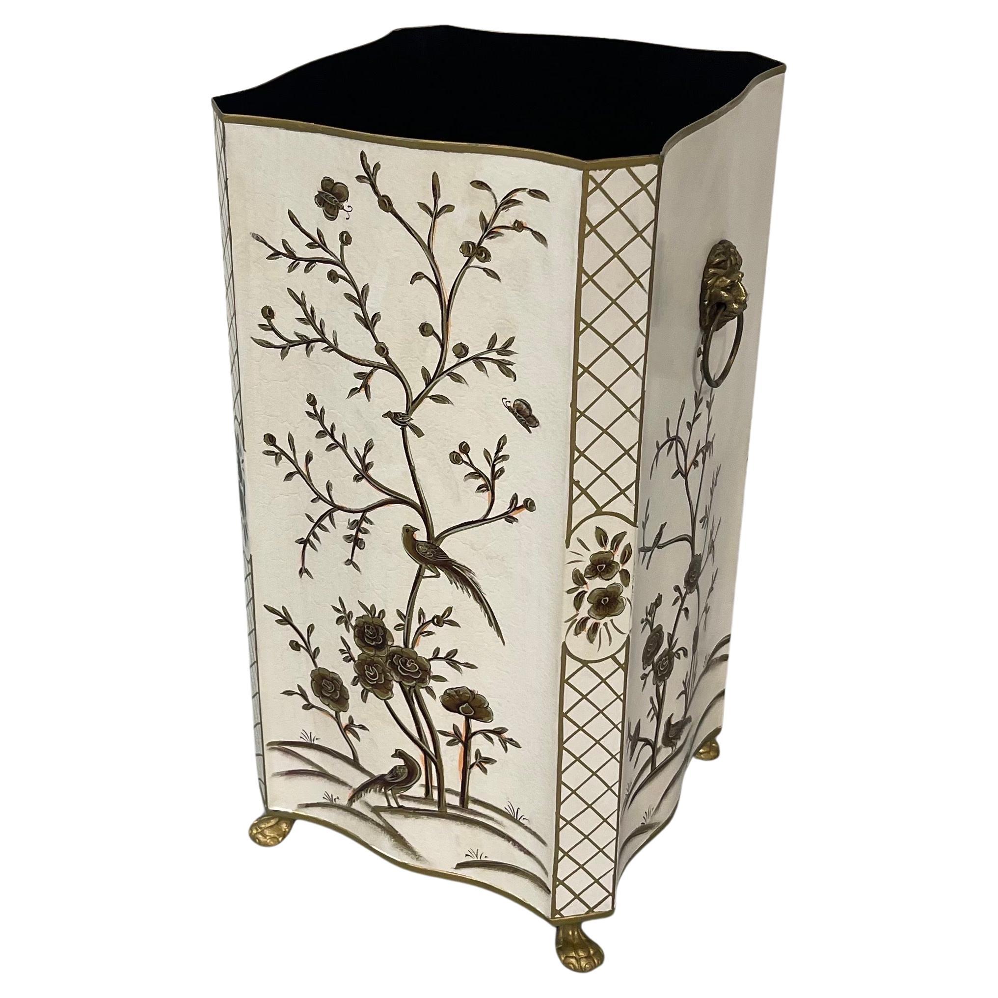 Wonderful Hand Painted Chinoiserie Tole Lions Head Paw Feet Umbrella Stand For Sale