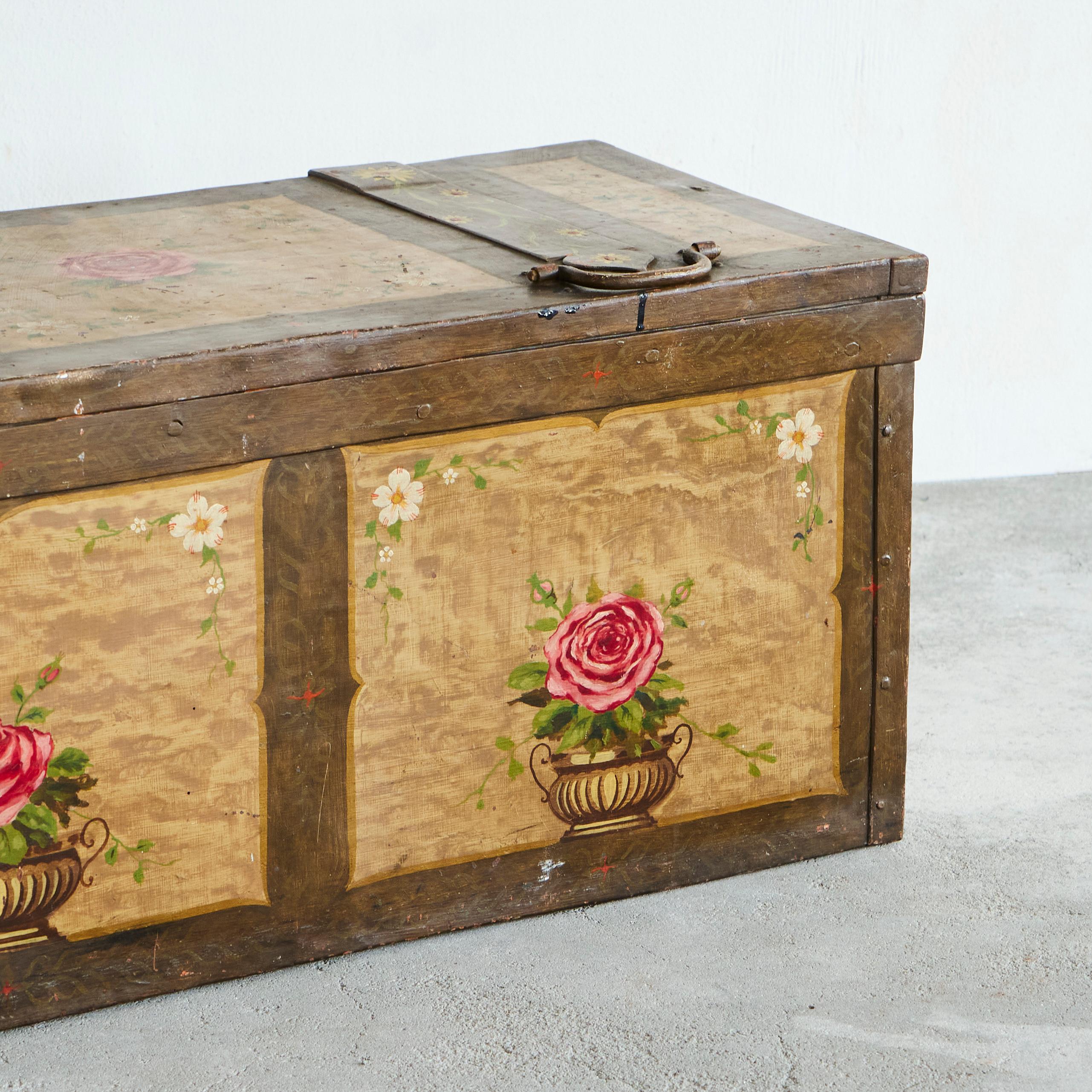 Fer Merveilleux coffre d'art populaire en fer peint à la main Fin du 19e siècle en vente