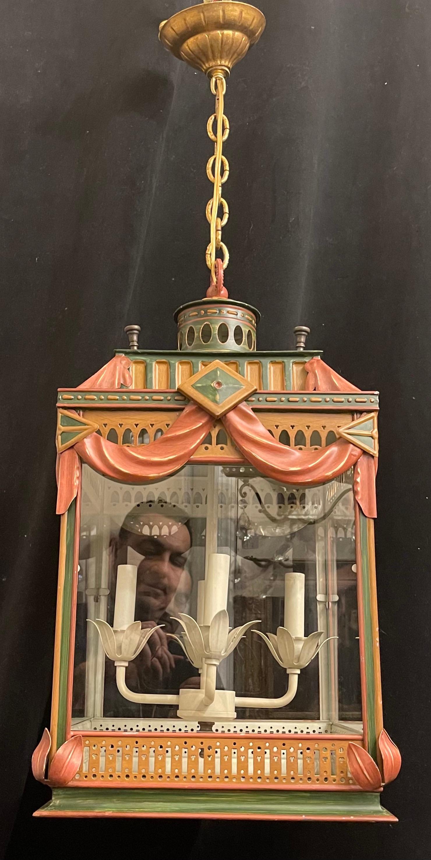 A wonderful hand painted Italian tole pagoda square glass panel chinoiserie 4 candelabra light lantern fixture rewired and ready to install with chain canopy and mounting hardware.