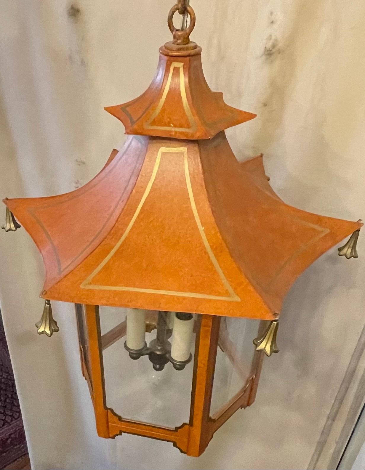 Hollywood Regency Wonderful Hand Painted Tole Pagoda Square Glass Chinoiserie Lantern Fixture