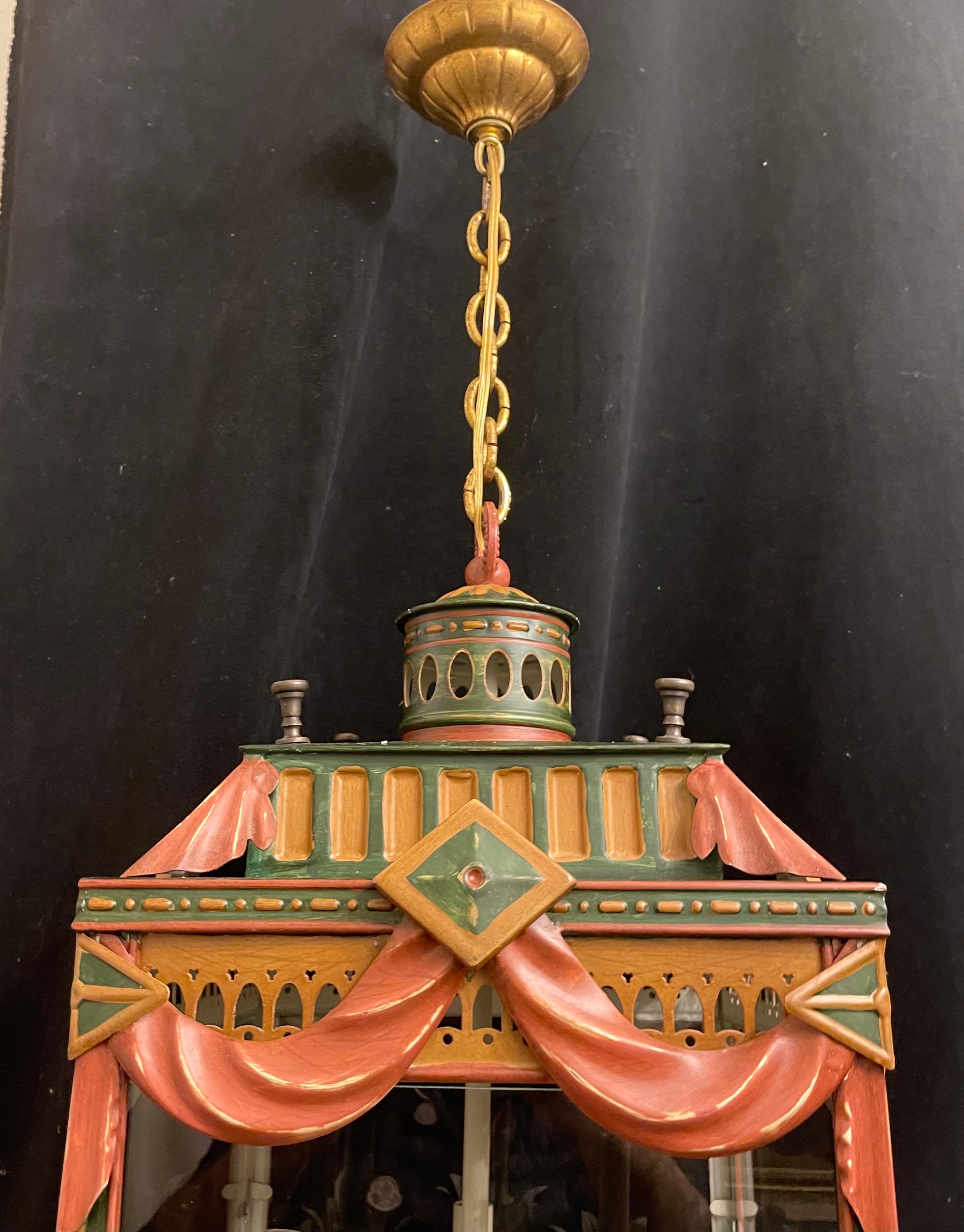 Italian Wonderful Hand Painted Tole Pagoda Square Glass Chinoiserie Lantern Fixture