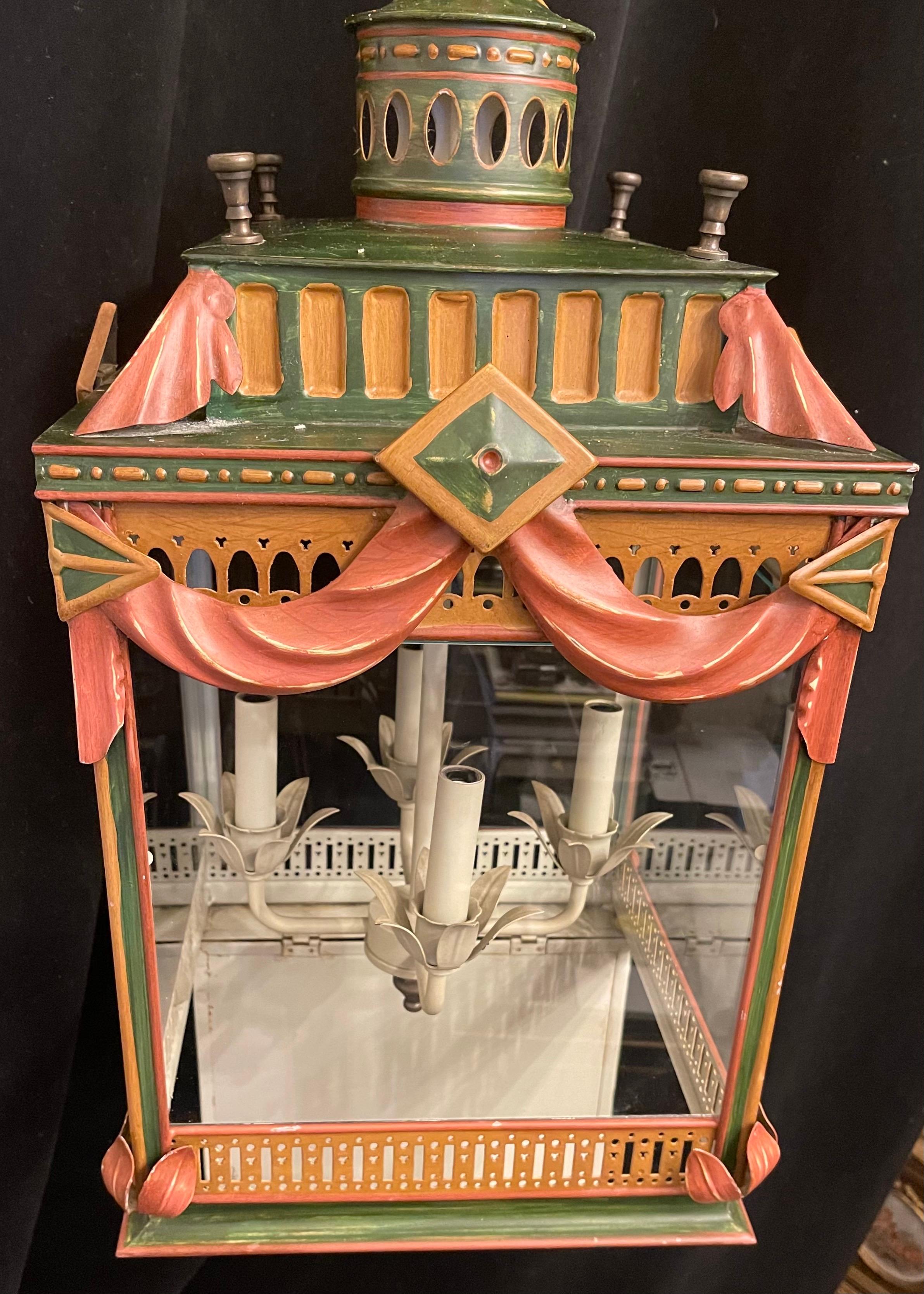 Hand-Painted Wonderful Hand Painted Tole Pagoda Square Glass Chinoiserie Lantern Fixture