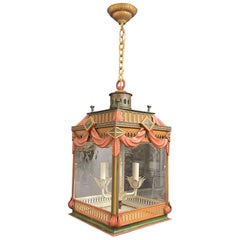 Wonderful Hand Painted Tole Pagoda Square Glass Chinoiserie Lantern Fixture