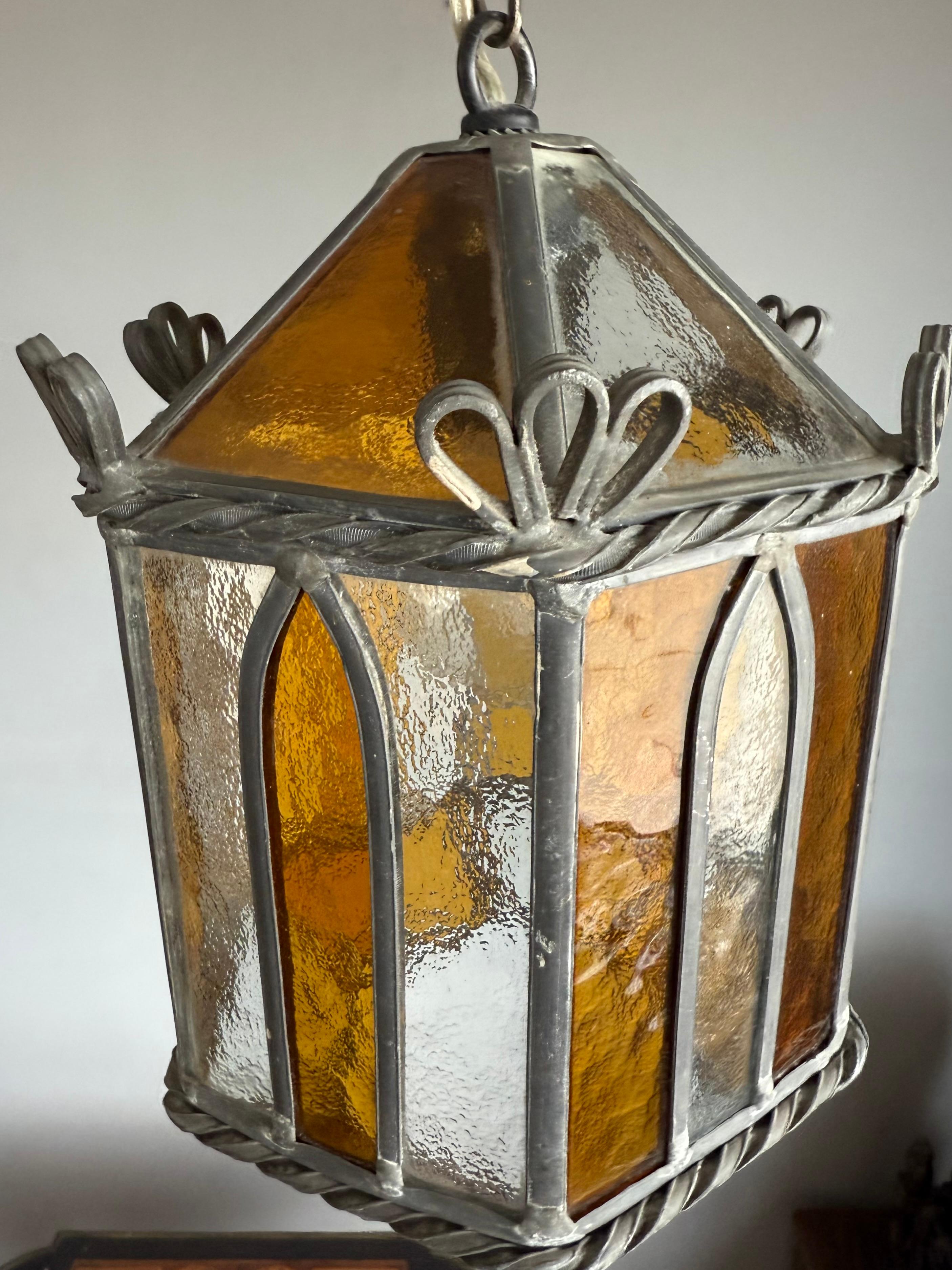 Wonderful Handcrafted Stained Glass Gothic Revival Pendant with Geometric Design For Sale 3