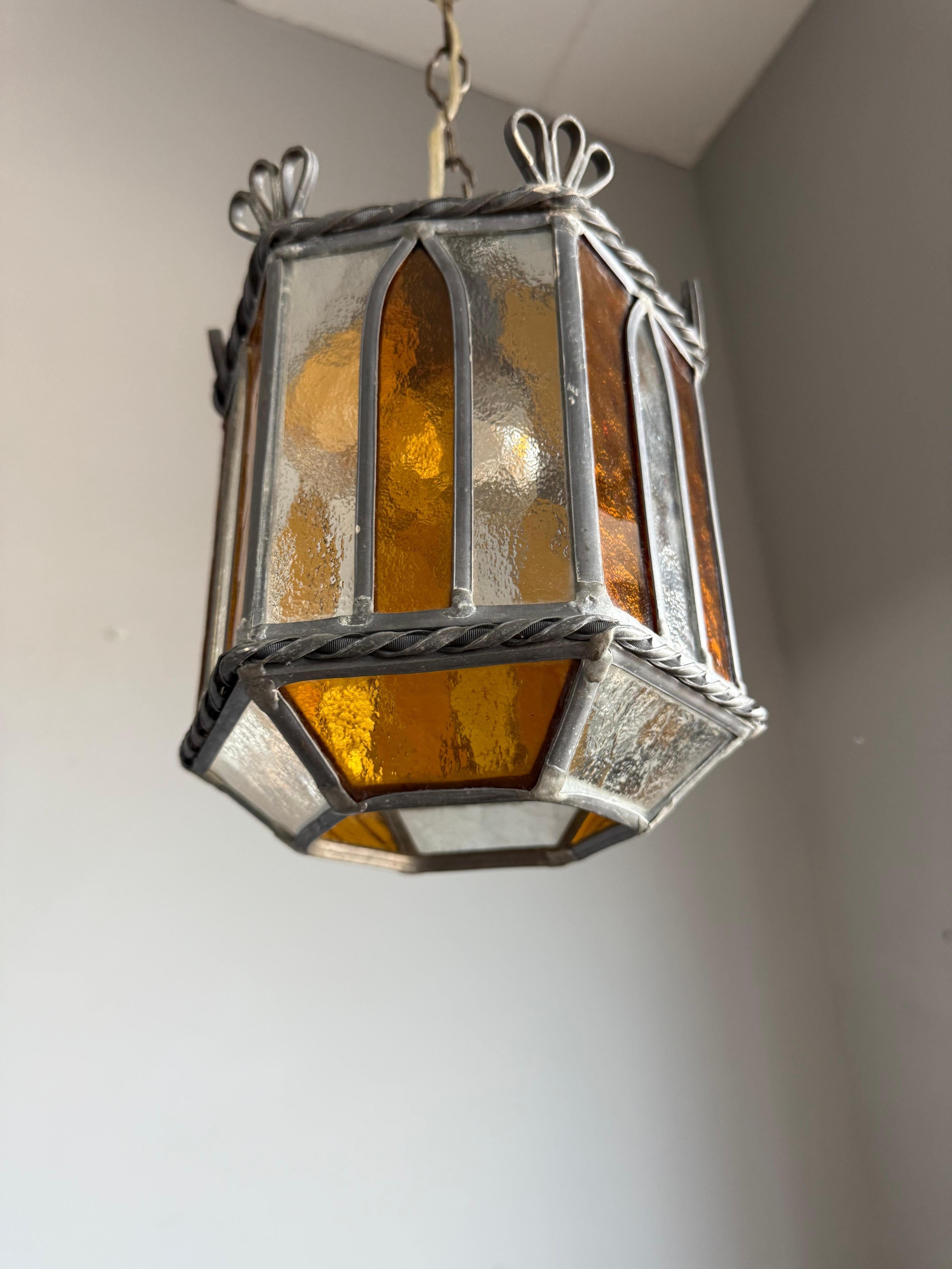 Wonderful Handcrafted Stained Glass Gothic Revival Pendant with Geometric Design For Sale 4