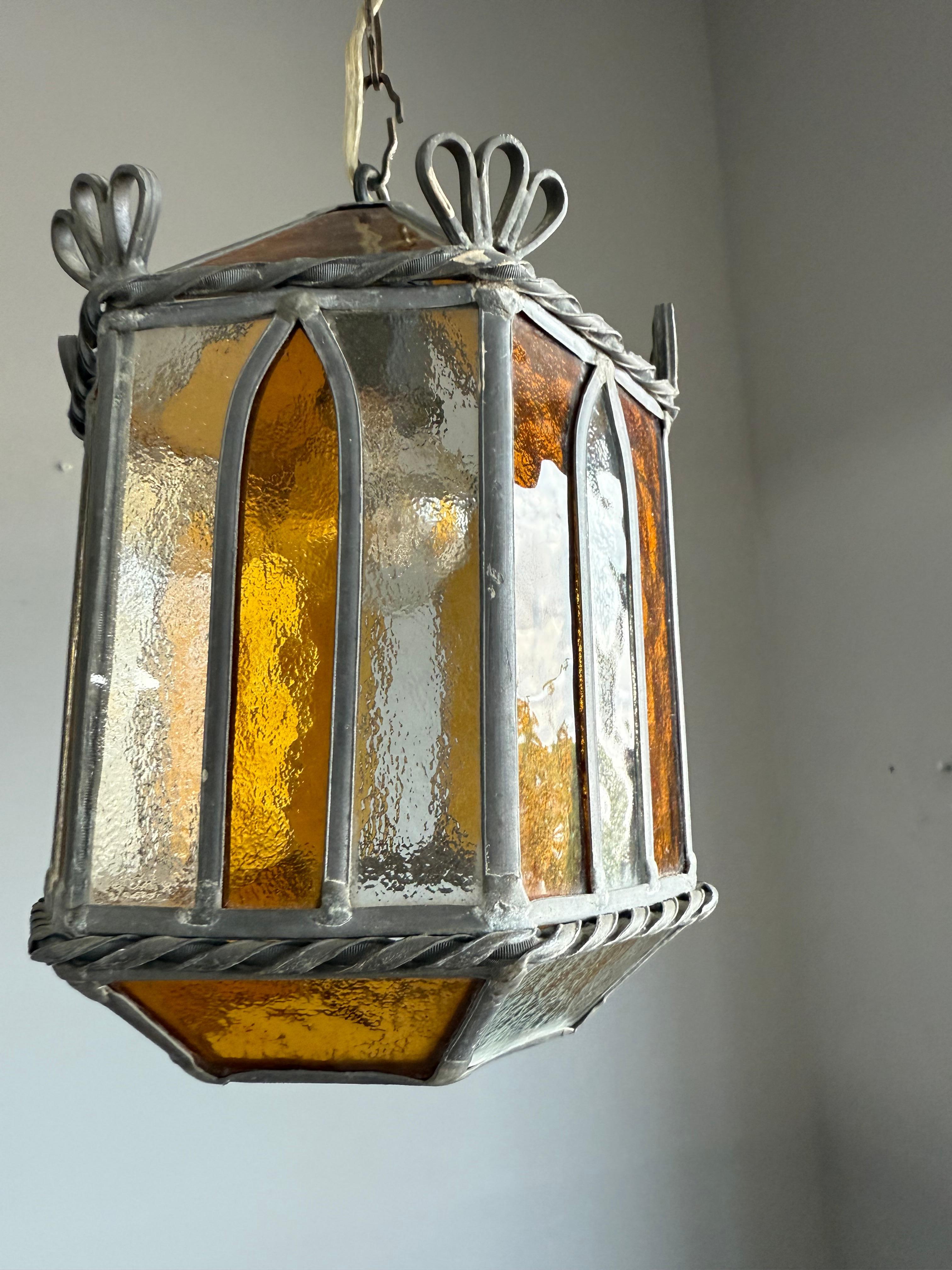 Wonderful Handcrafted Stained Glass Gothic Revival Pendant with Geometric Design For Sale 6