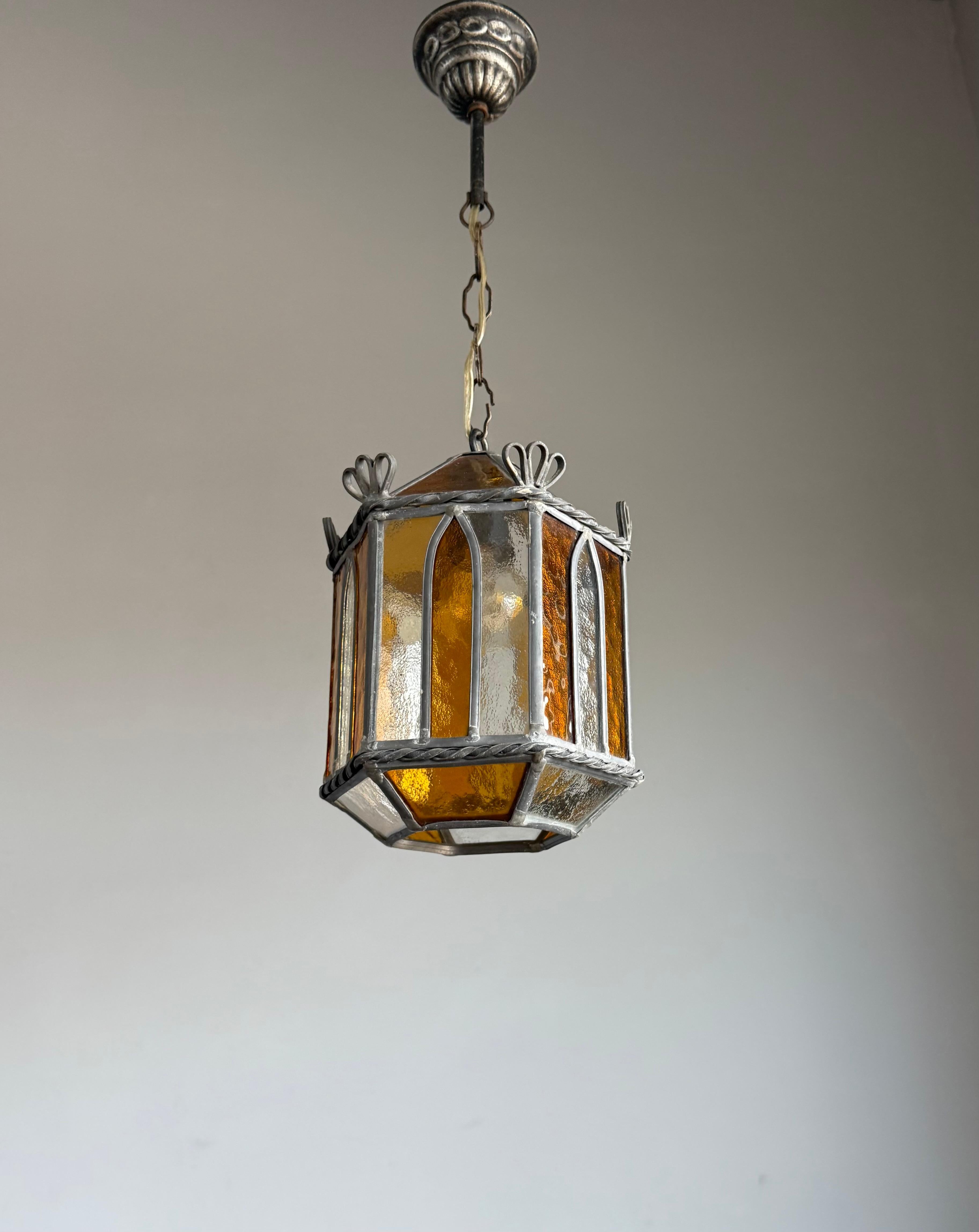 Wonderful Handcrafted Stained Glass Gothic Revival Pendant with Geometric Design For Sale 8
