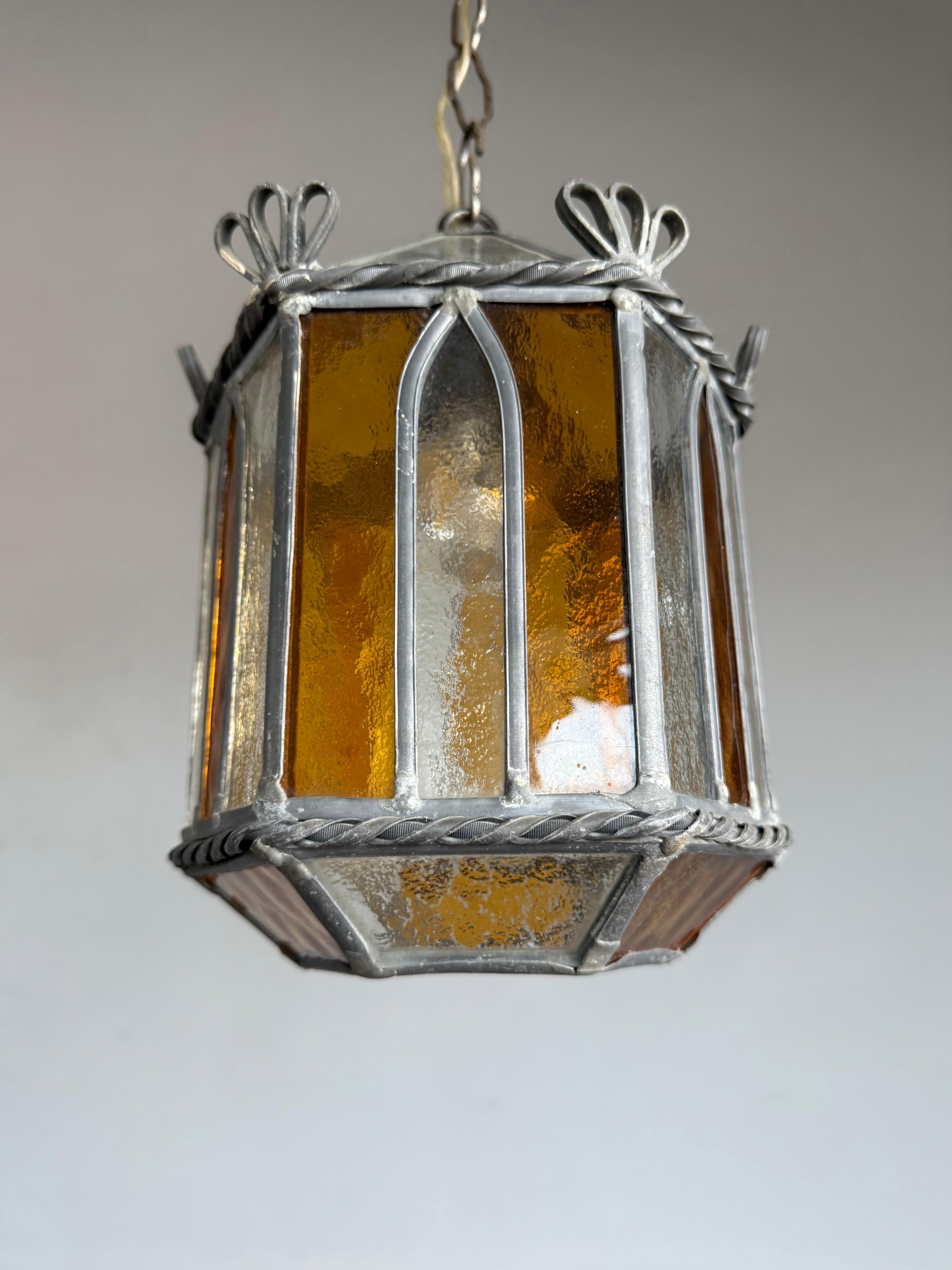 Dutch Wonderful Handcrafted Stained Glass Gothic Revival Pendant with Geometric Design For Sale