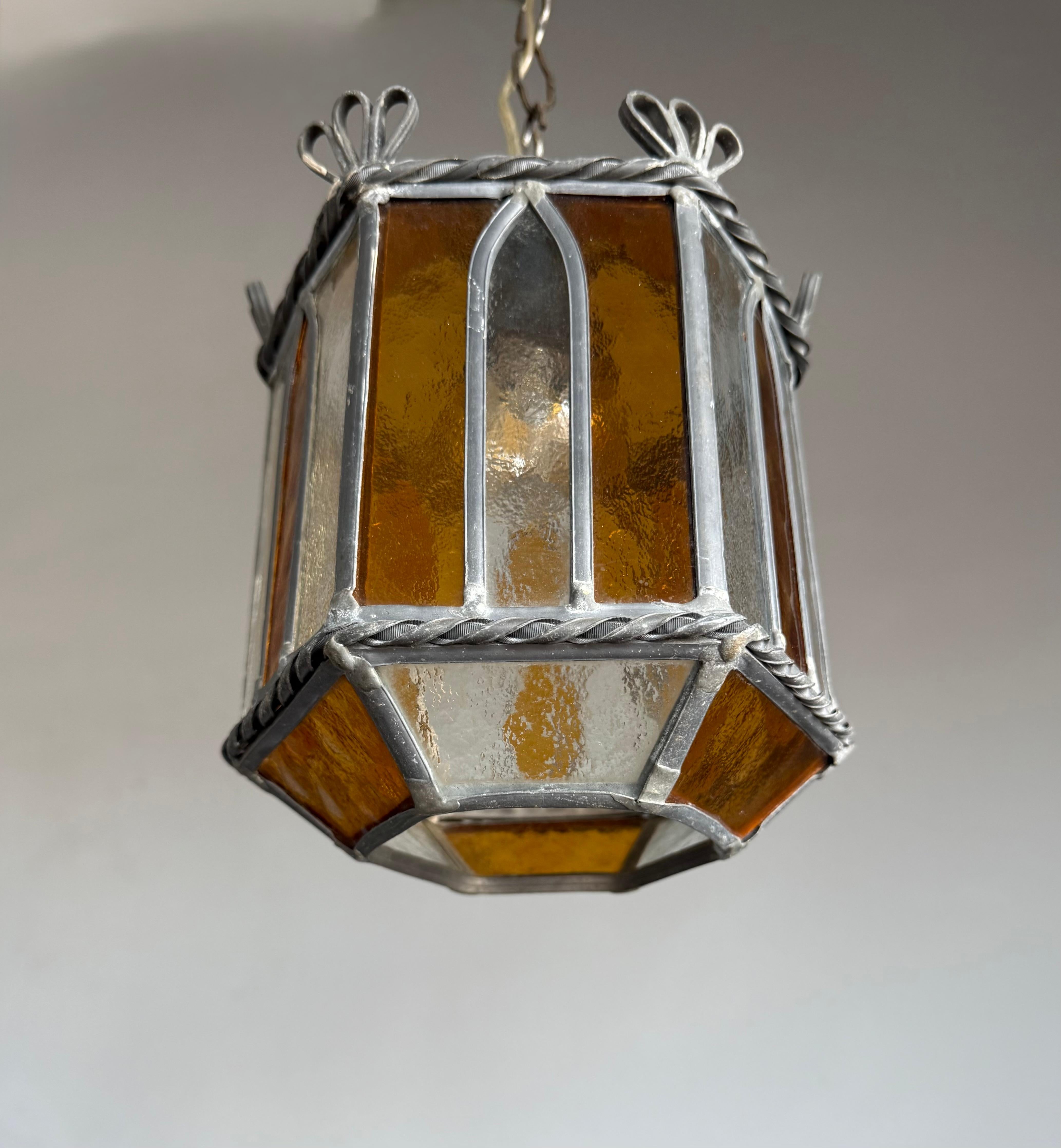 Forged Wonderful Handcrafted Stained Glass Gothic Revival Pendant with Geometric Design For Sale