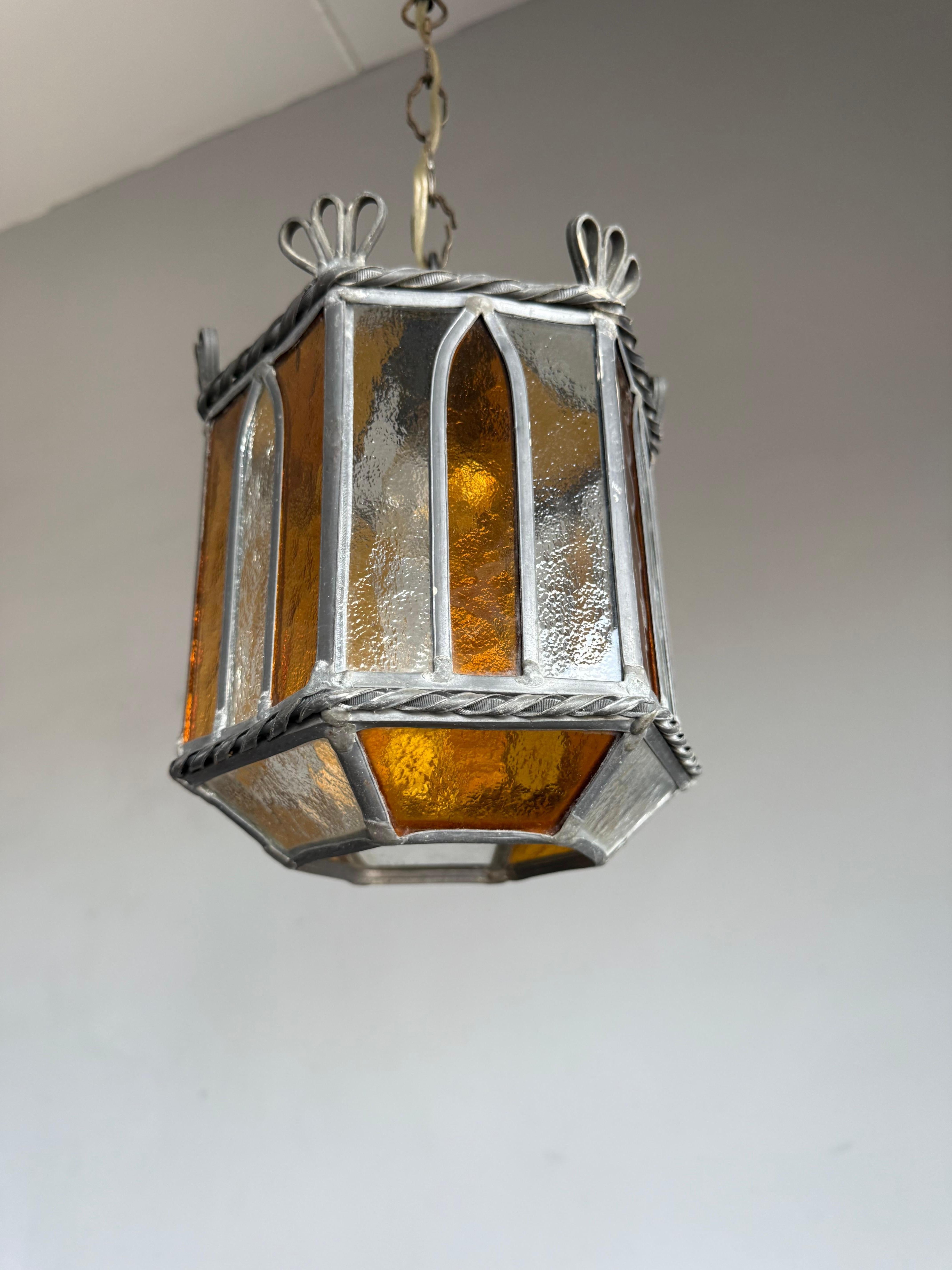 Wonderful Handcrafted Stained Glass Gothic Revival Pendant with Geometric Design For Sale 1