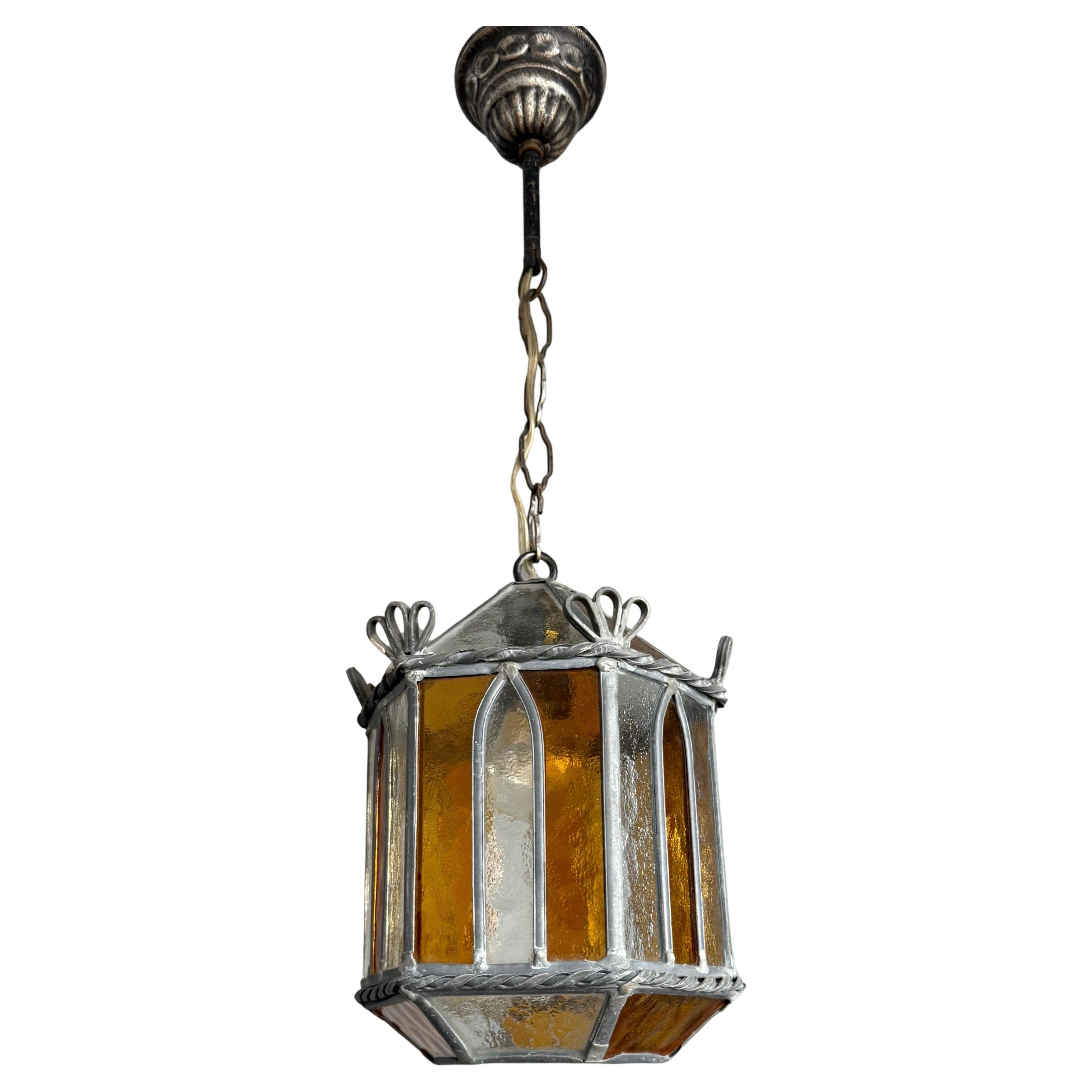 Wonderful Handcrafted Stained Glass Gothic Revival Pendant with Geometric Design For Sale